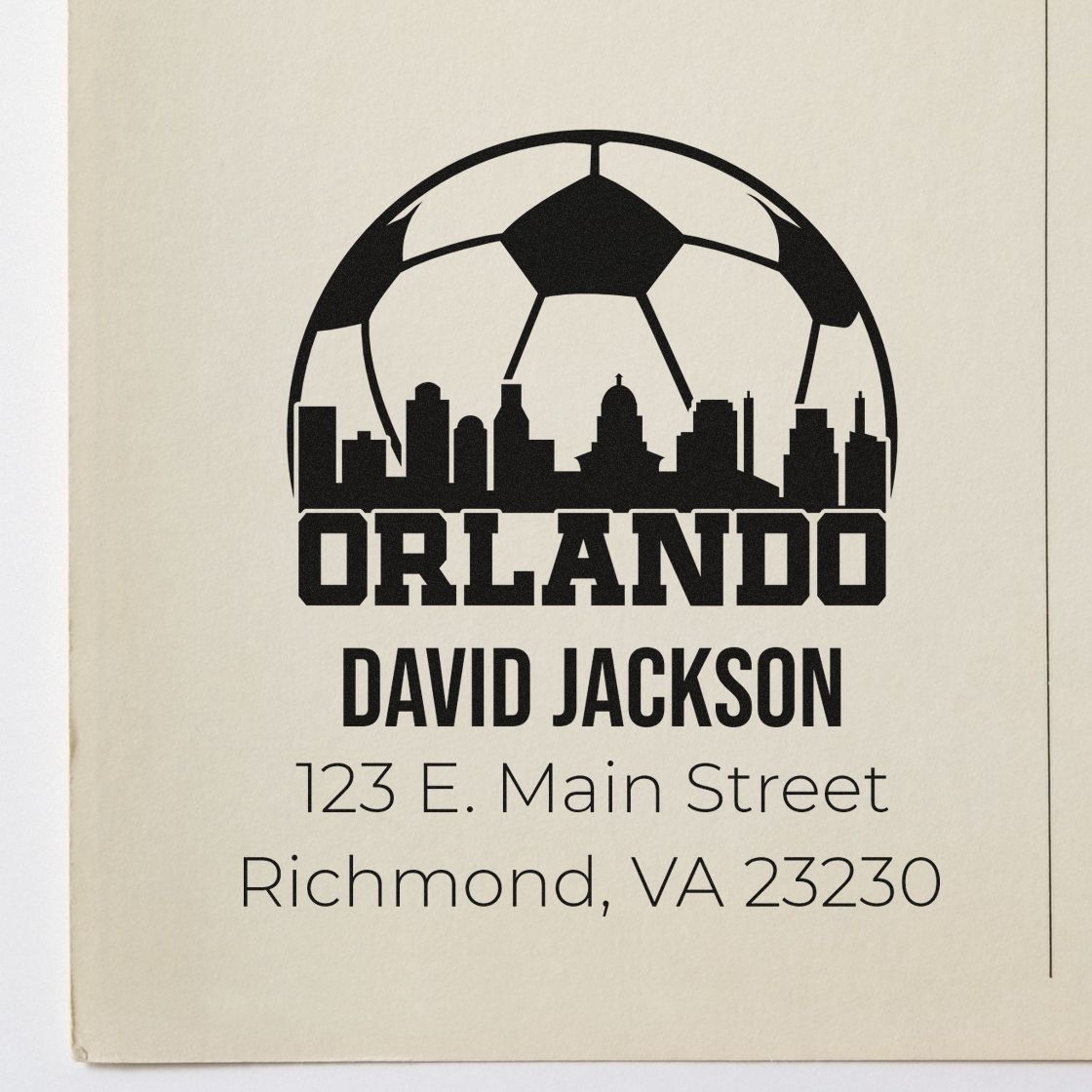 Custom Orlando rubber stamp design with soccer ball skyline, personalized David Jackson name, and Richmond, VA address.