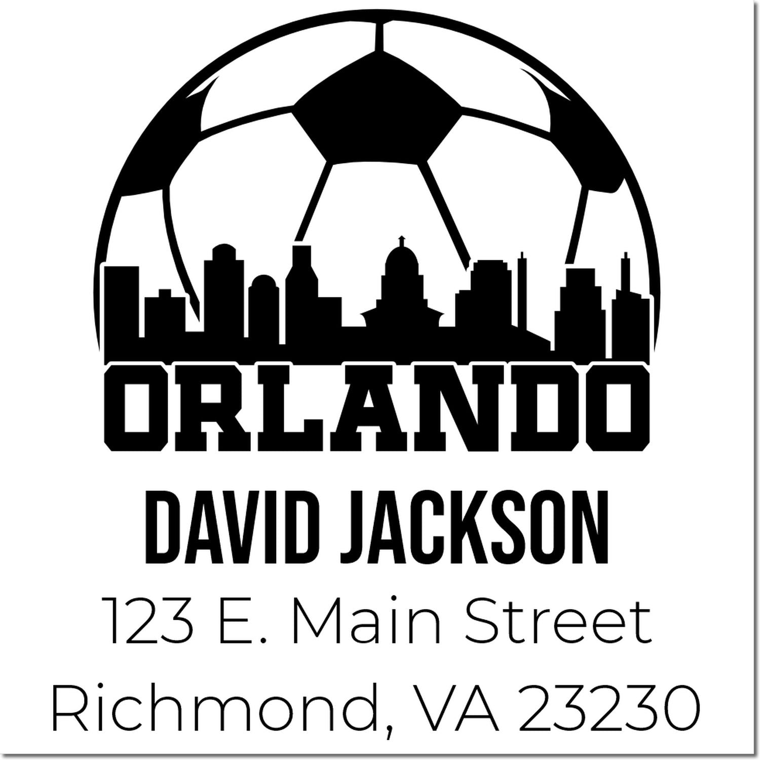 Custom Orlando soccer skyline address stamp for David Jackson, 123 E. Main Street, Richmond, VA 23230.