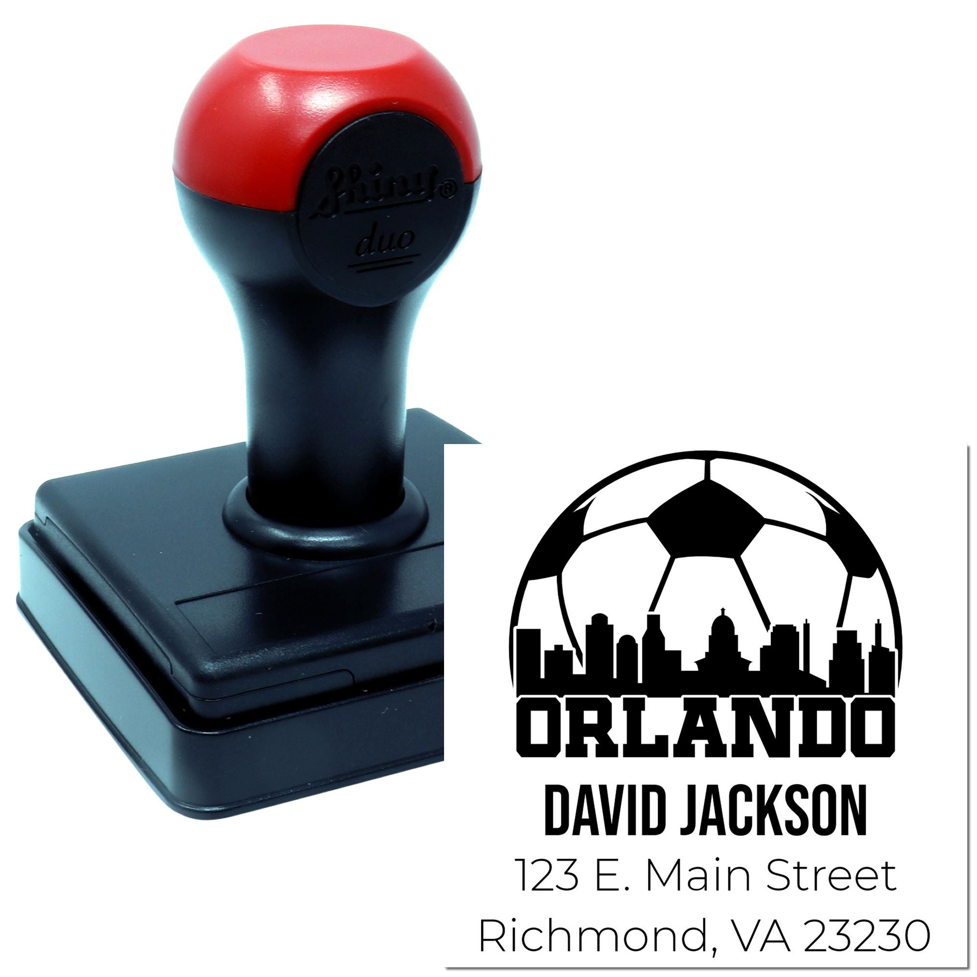 Custom Orlando soccer rubber stamp with personalized name and address for mailing and branding.