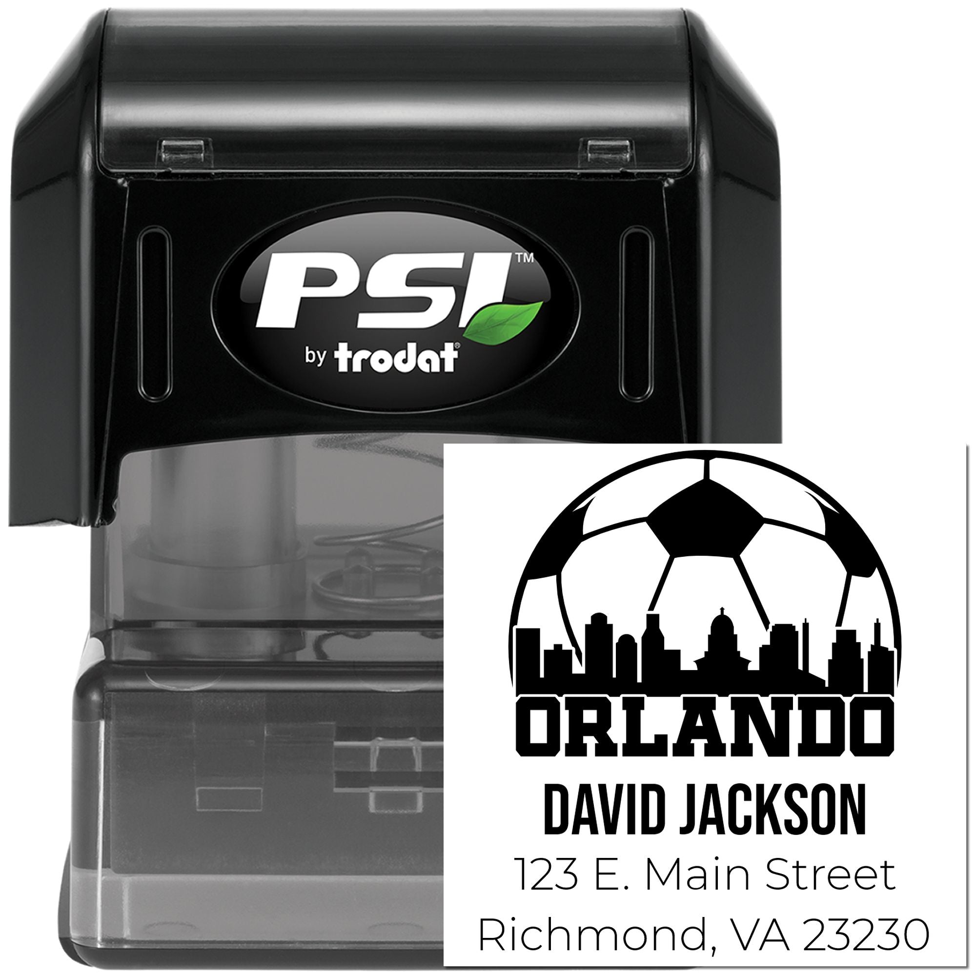PSI by Trodat self-inking rubber stamp with custom Orlando return address design for personalized mailing and business use