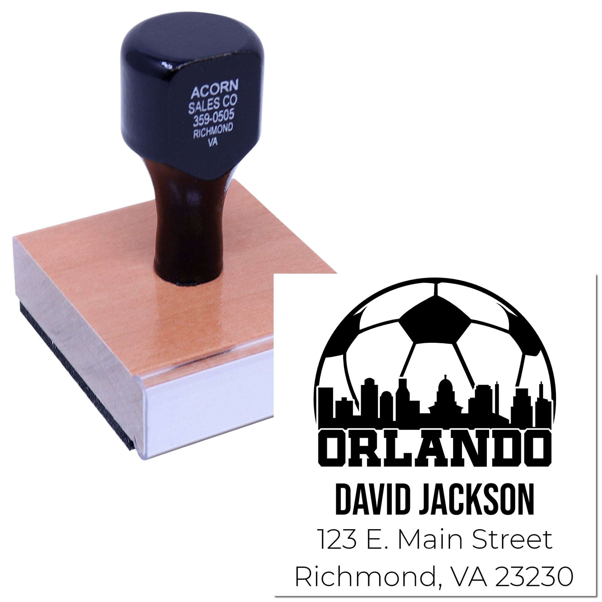 Custom rubber stamp with Orlando skyline logo and personalized address imprint for business mailings and branding.