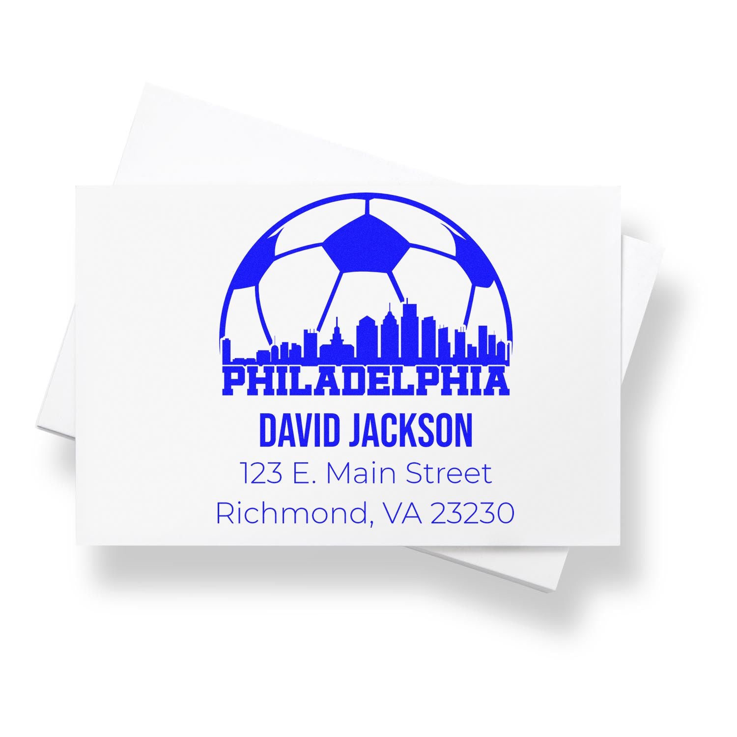 Custom Philadelphia rubber stamp with soccer skyline logo, David Jackson name, and Richmond, VA return address.