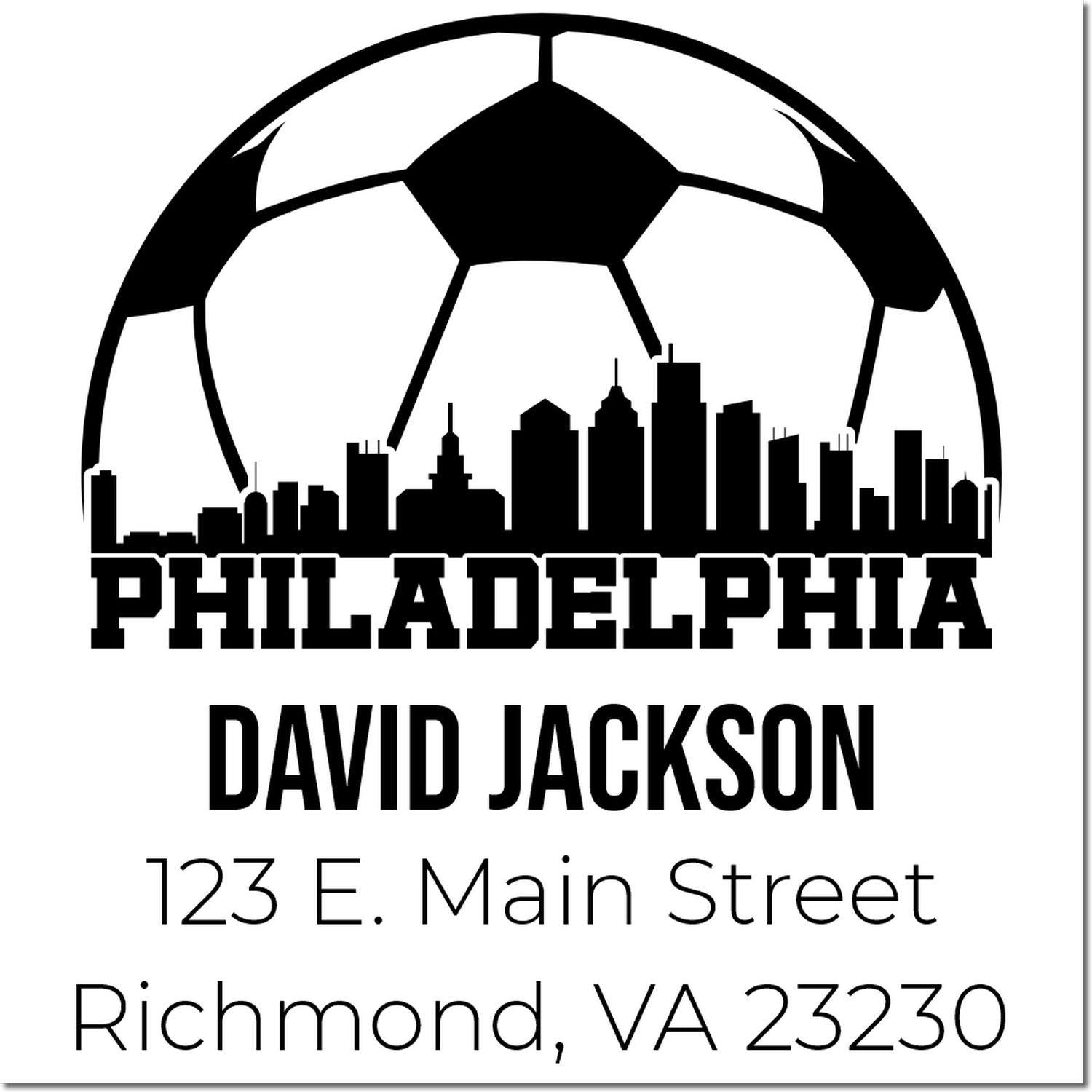 Custom Philadelphia soccer return address rubber stamp for David Jackson, 123 E. Main Street, Richmond, VA 23230