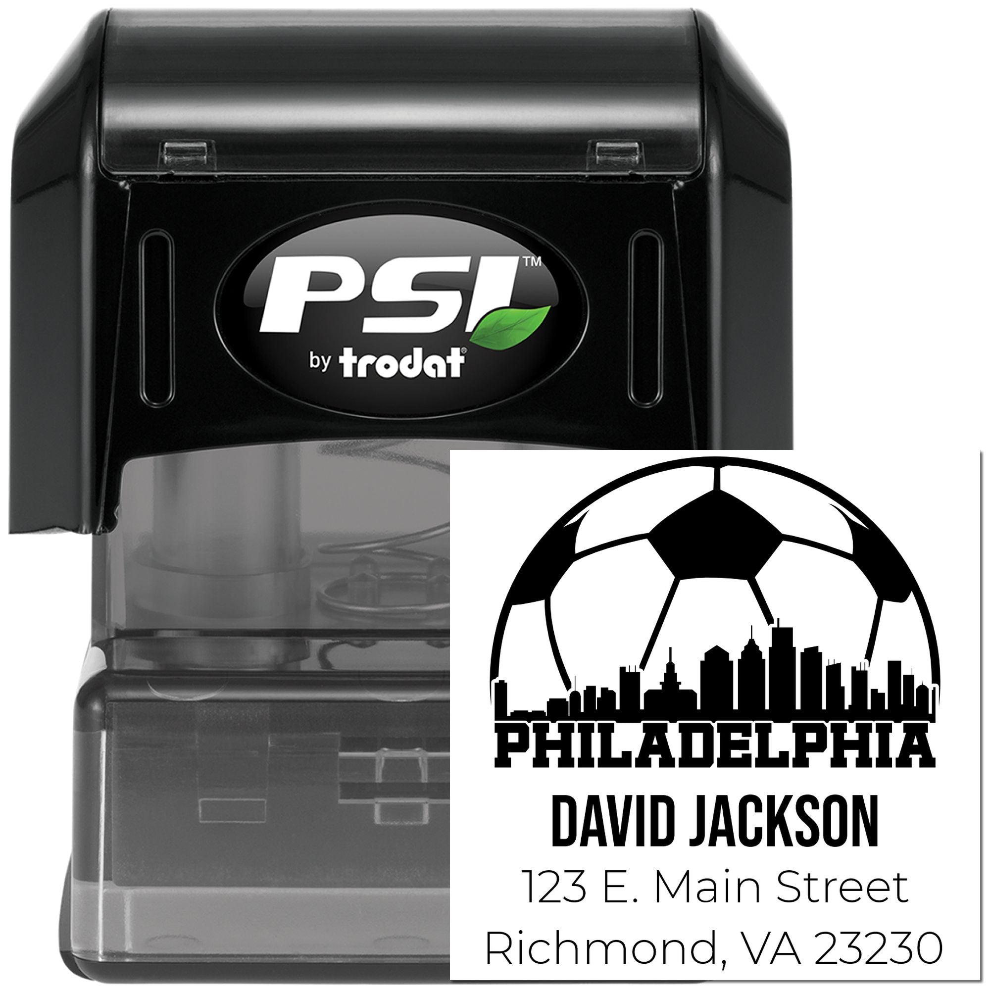 Custom self-inking rubber stamp by PSI Trodat featuring a Philadelphia skyline and return address imprint.