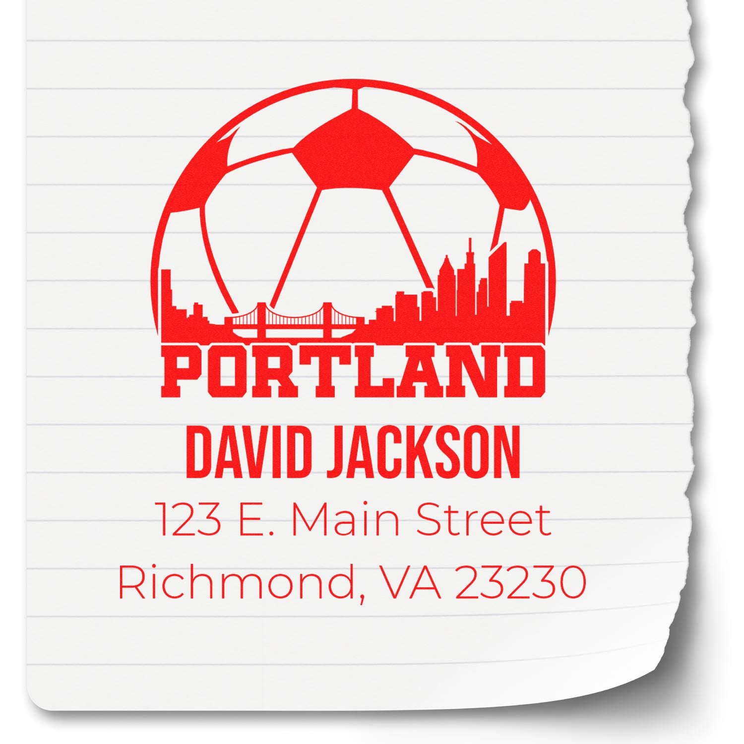 Custom Portland address stamp with soccer ball and skyline for David Jackson, Richmond VA 23230