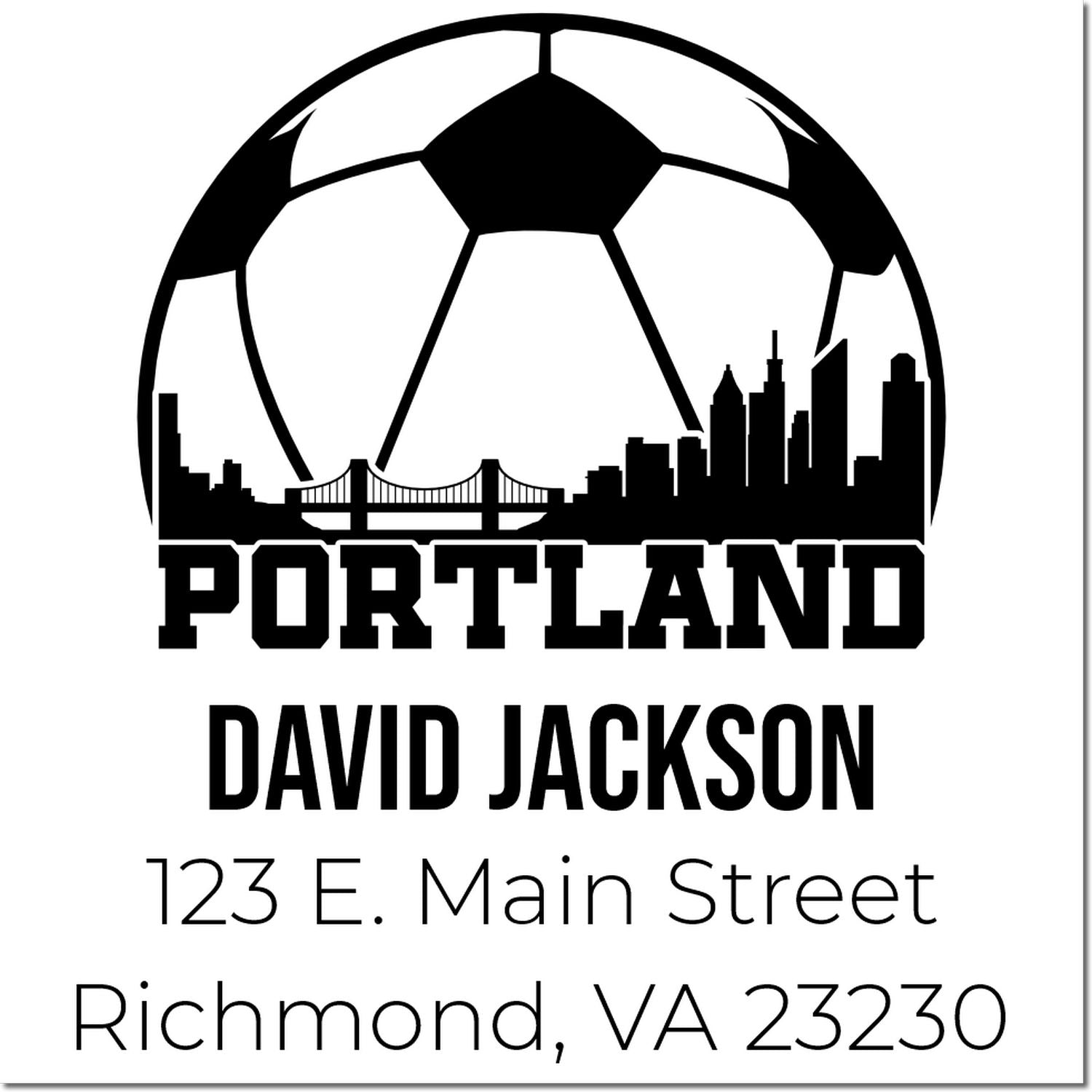 Custom return address rubber stamp with Portland skyline and soccer ball for David Jackson, 123 E. Main Street, Richmond, VA 23230