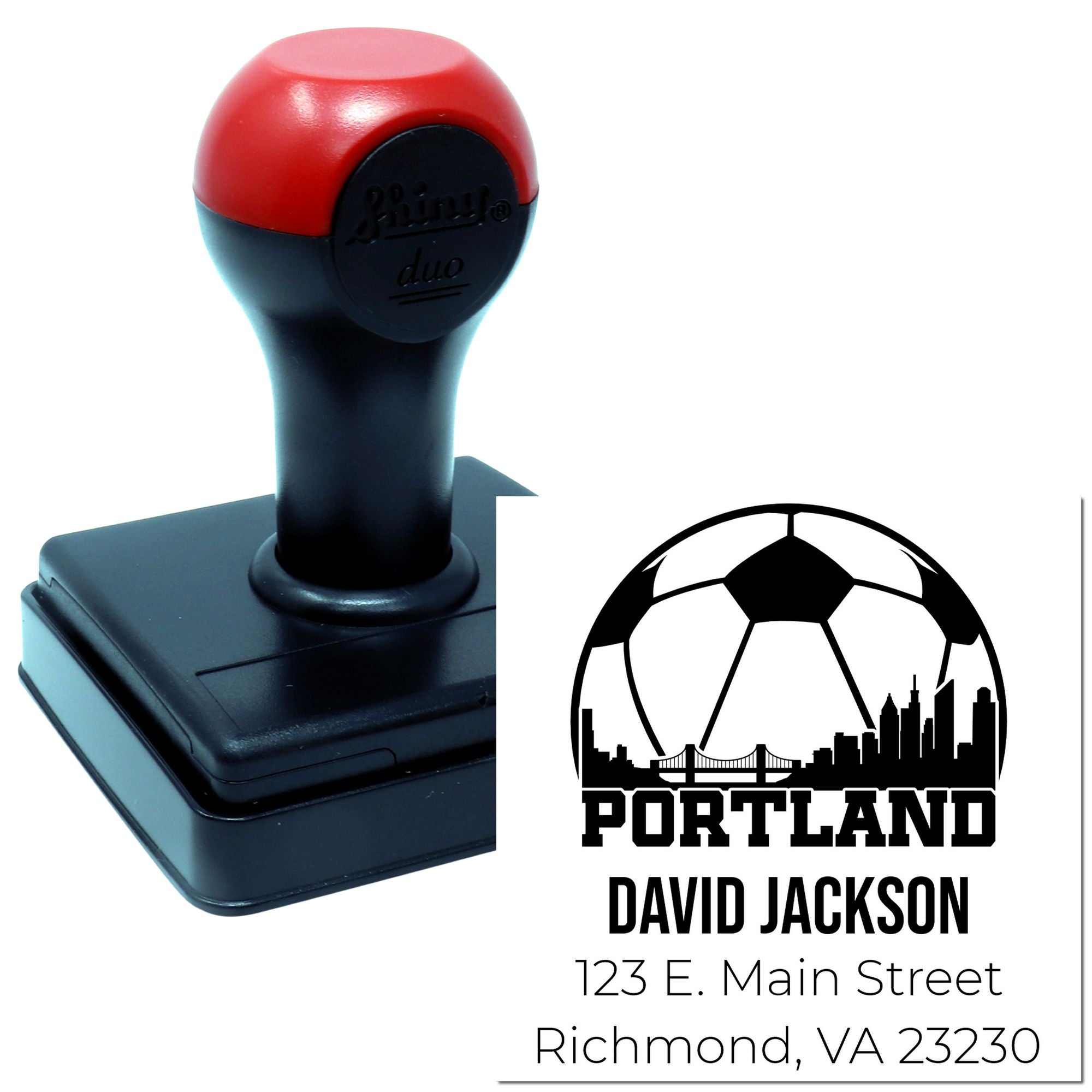 Custom self-inking rubber stamp with soccer Portland design and personalized name and address imprint.