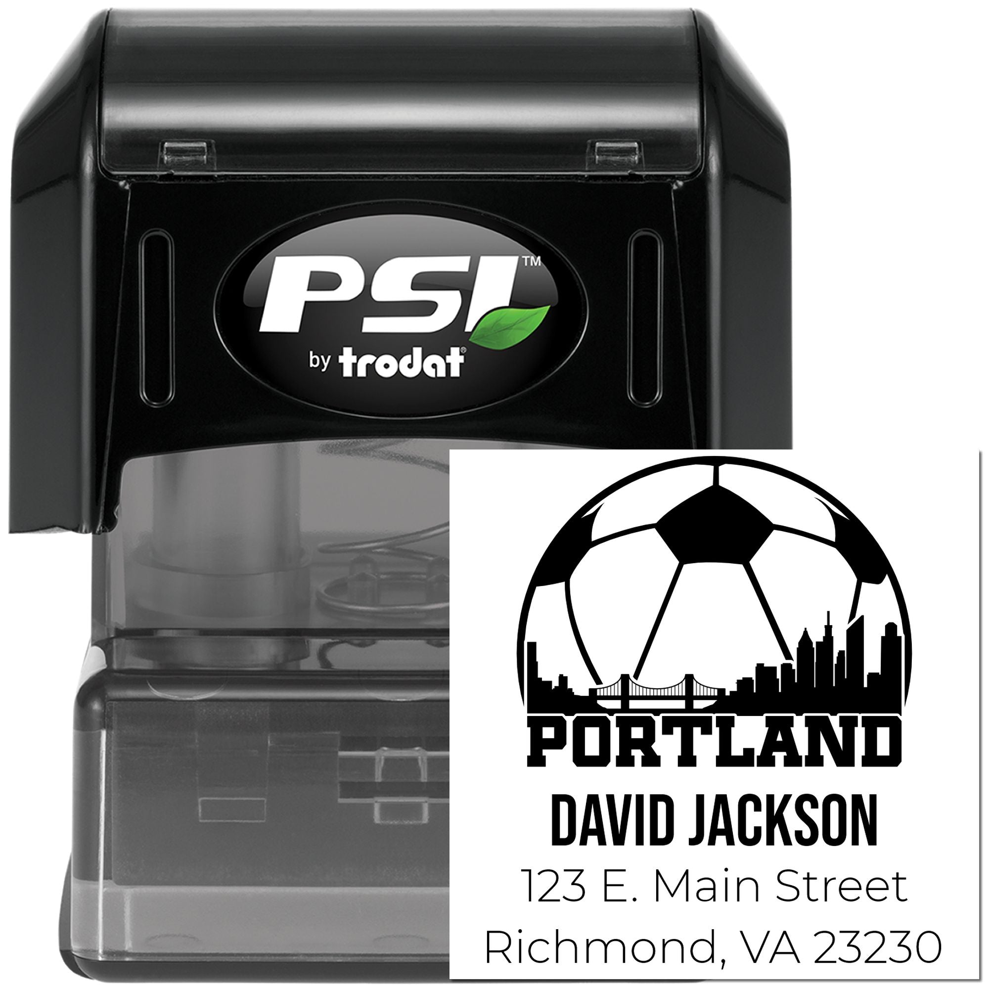 Custom self-inking rubber address stamp by PSI Trodat with Portland soccer logo and David Jackson address.
