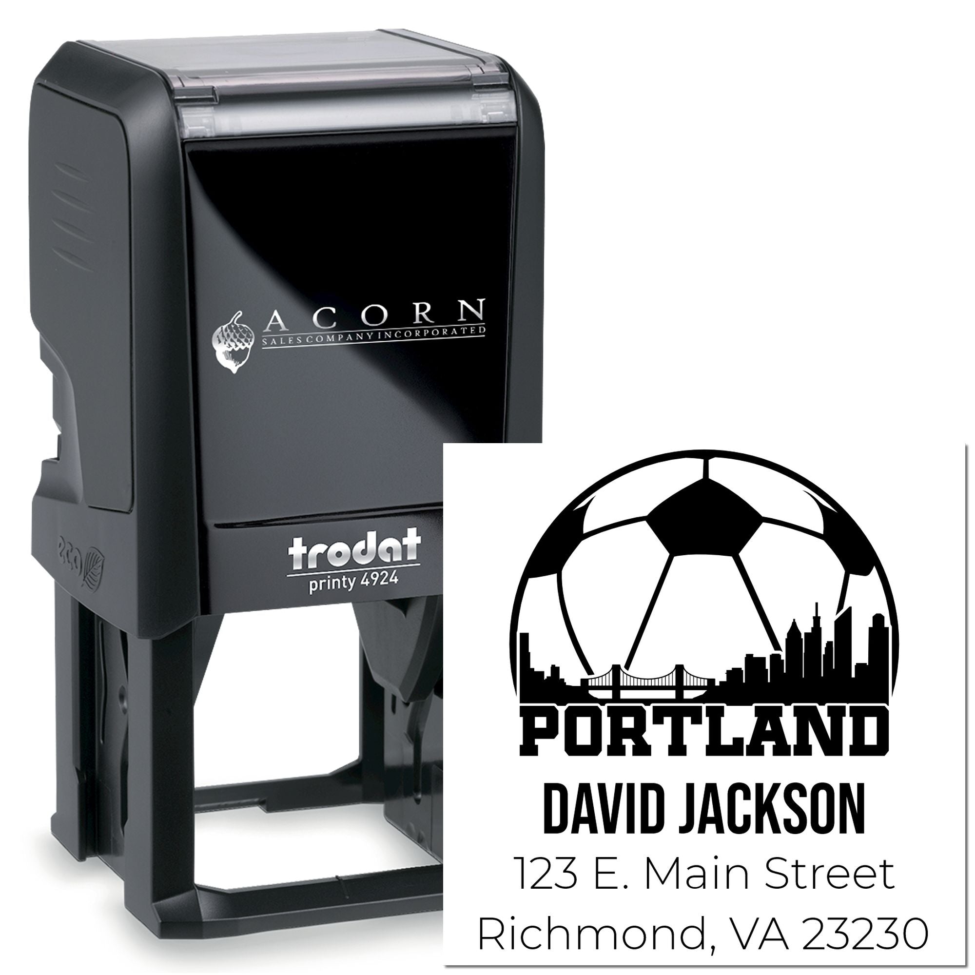 Custom self-inking rubber stamp with logo, name, and address for business branding.