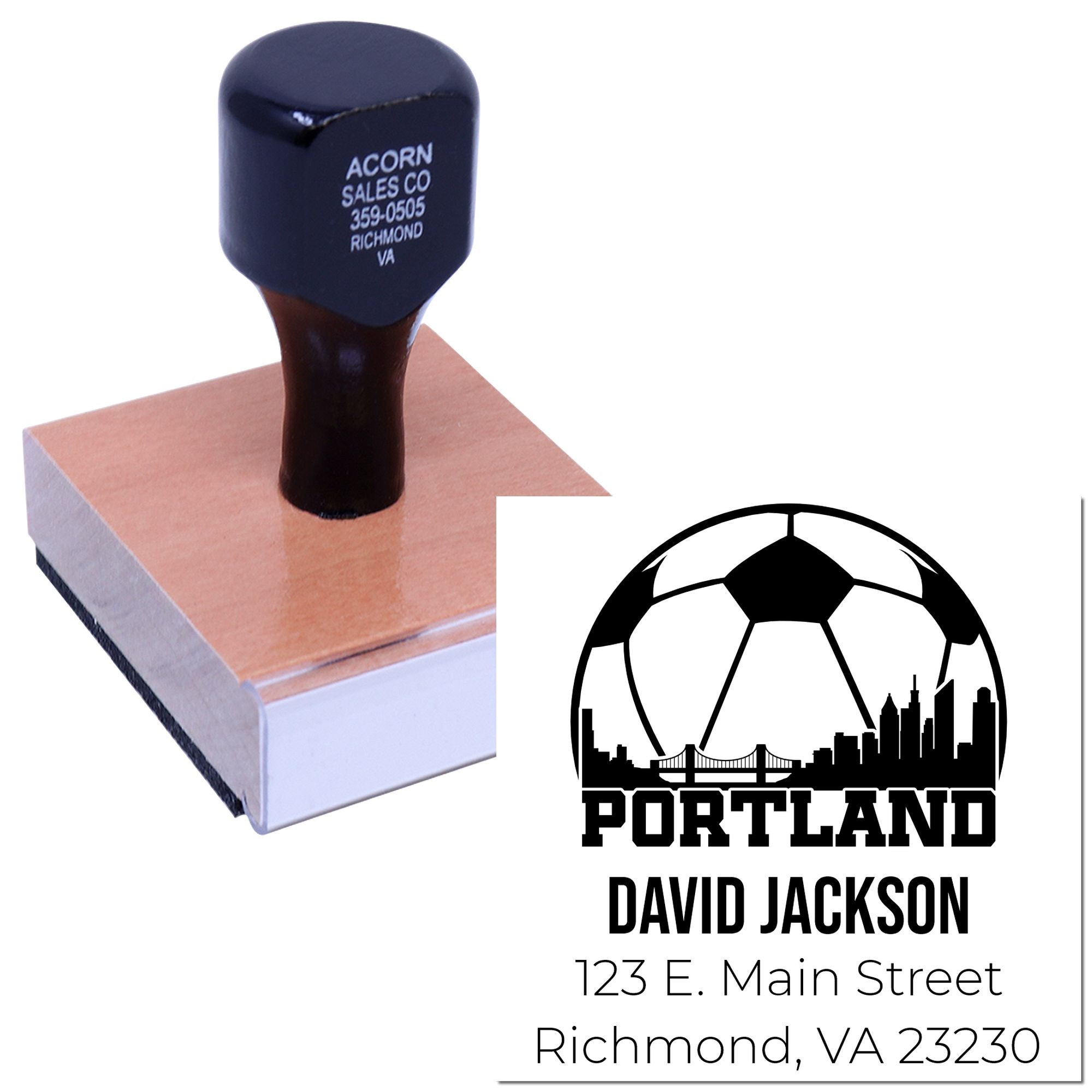 Custom rubber stamp with Portland soccer logo, name, and address for personalized business branding and mailing.