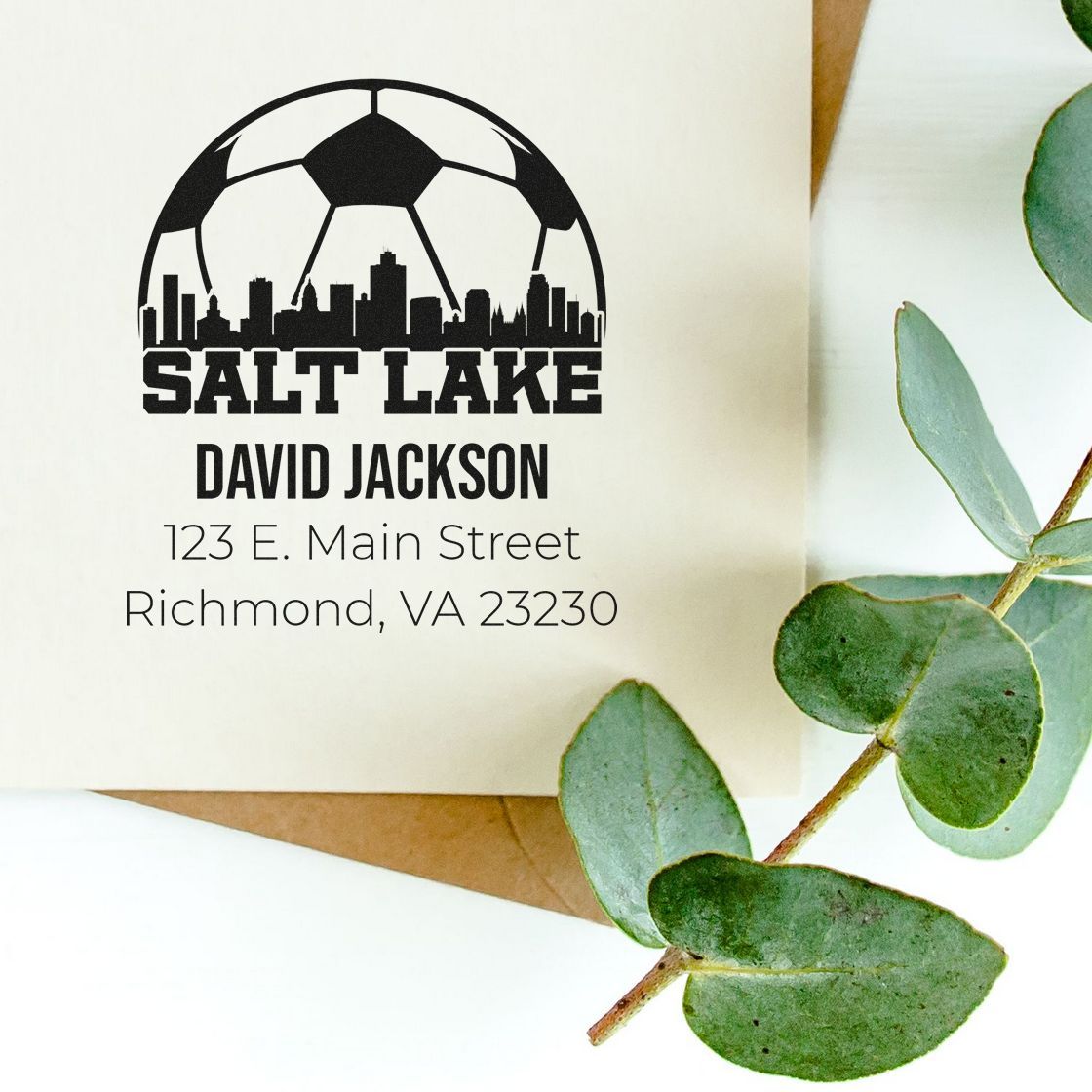 Custom Salt Lake return address rubber stamp with soccer skyline logo and personalized name.