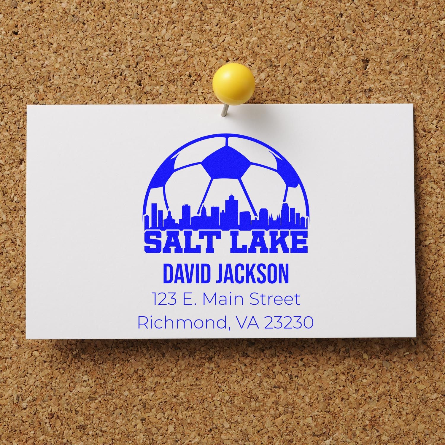 Custom return address rubber stamp with Salt Lake soccer skyline design for David Jackson, Richmond, VA 23230.