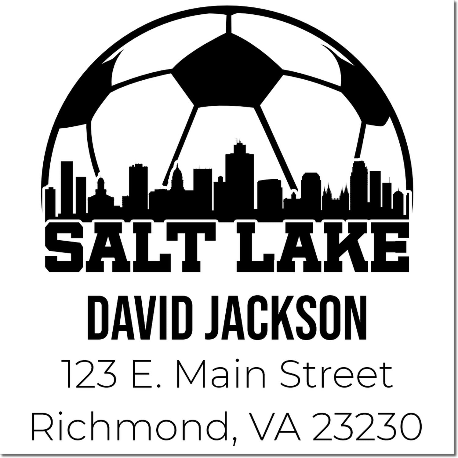 Custom Salt Lake address stamp with skyline and soccer ball, personalized for David Jackson, Richmond, VA 23230.