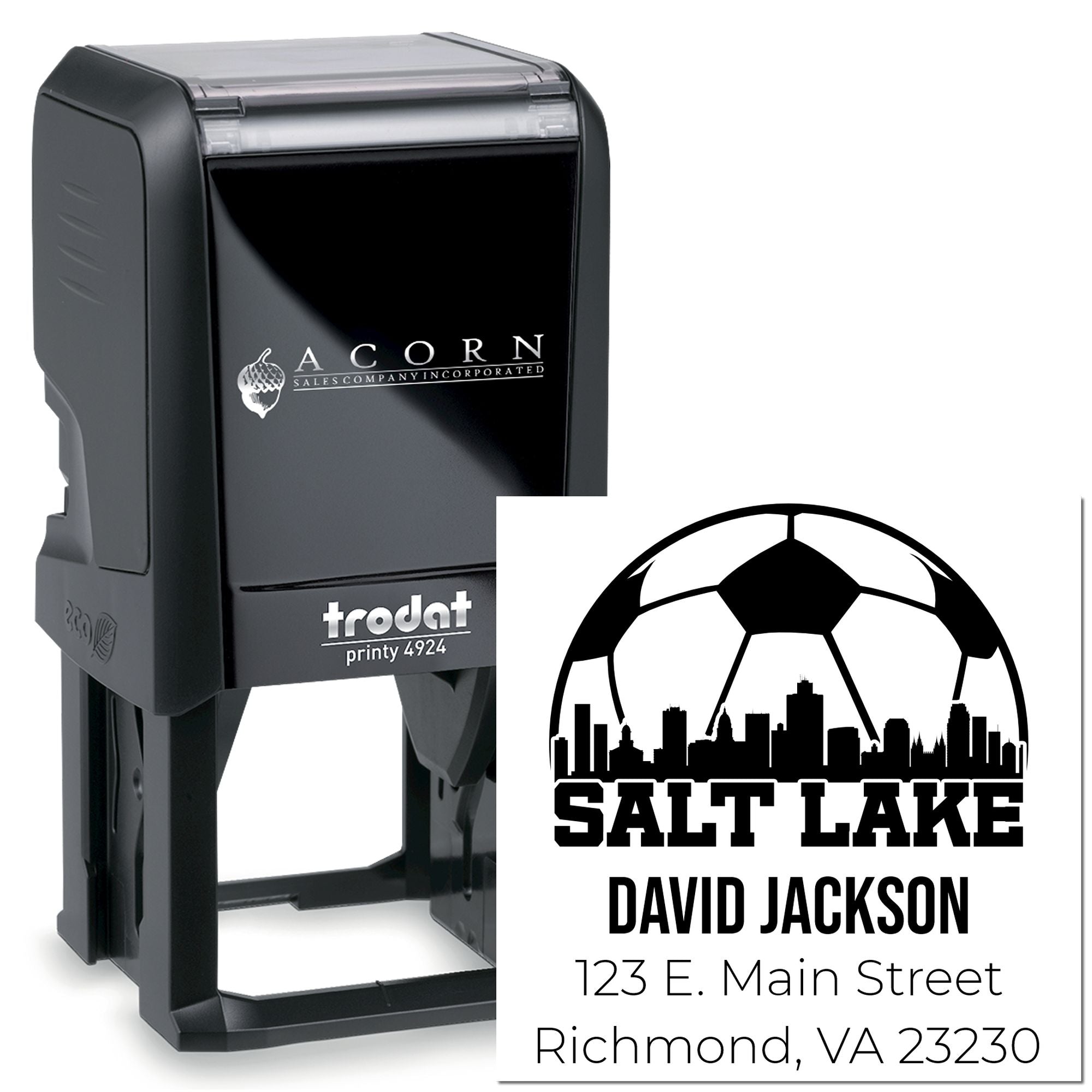 Custom self-inking rubber address stamp with Salt Lake soccer skyline, David Jackson name, and address imprint.