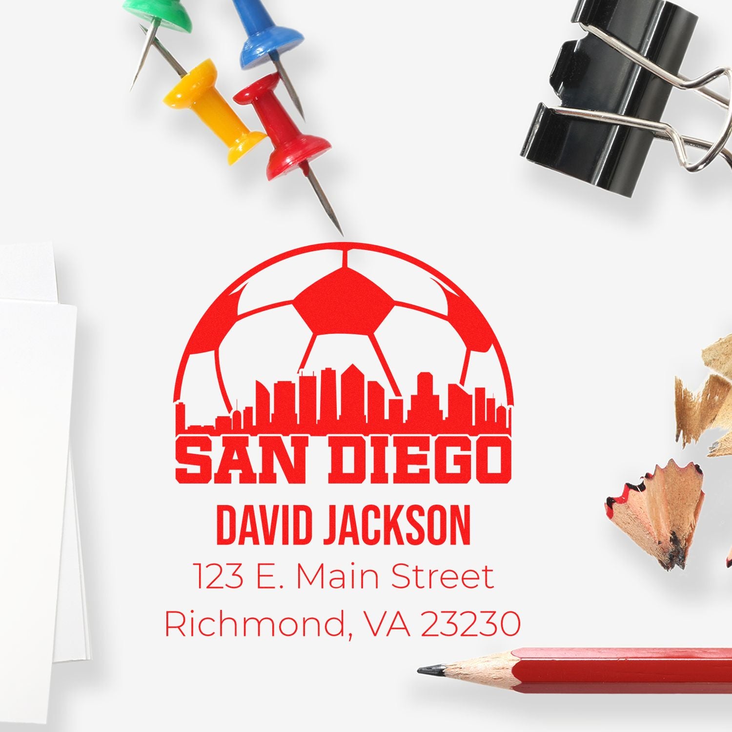 Custom address rubber stamp with San Diego skyline design for David Jackson, 123 E. Main Street, Richmond, VA 23230.