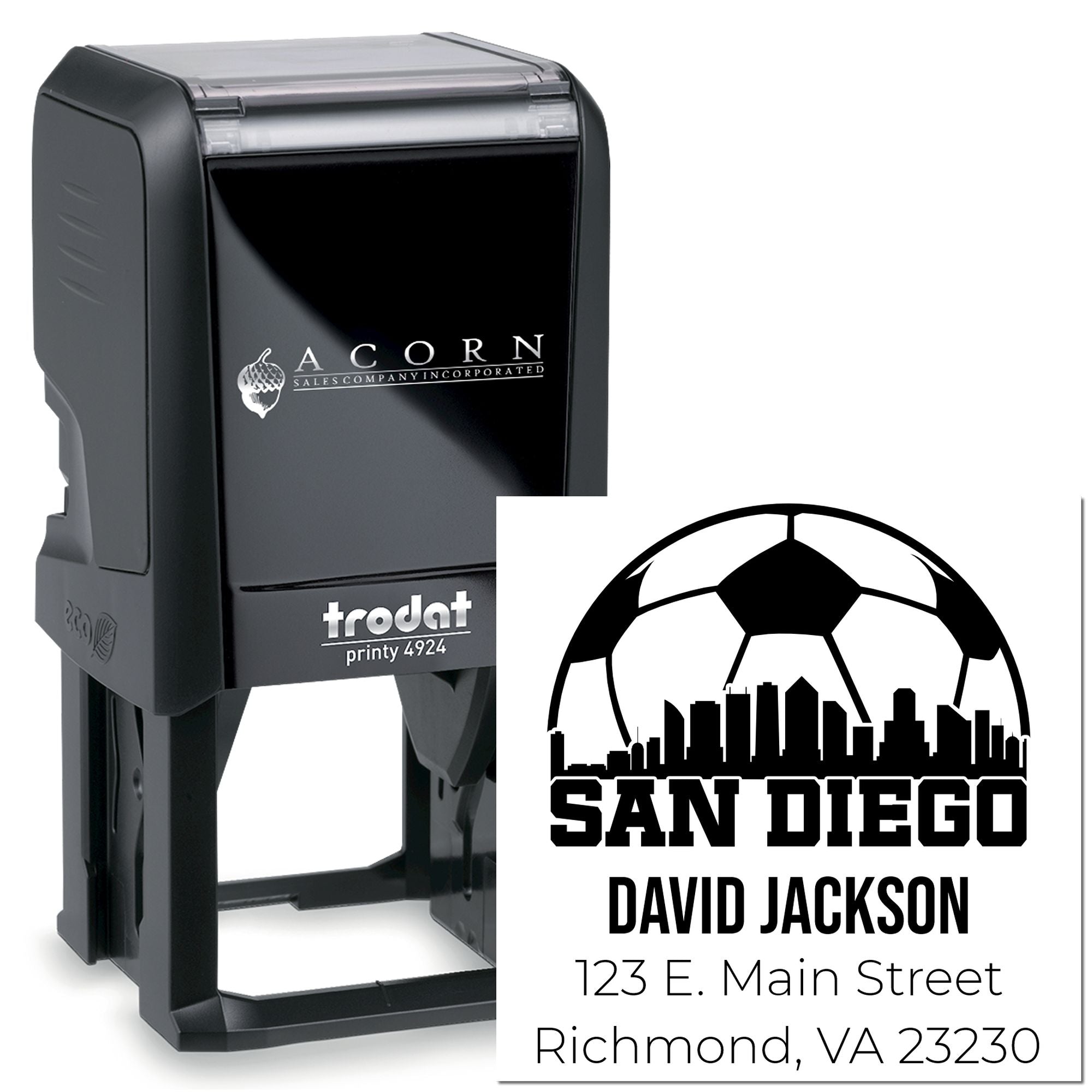 Custom self-inking rubber address stamp with San Diego soccer logo and return address, Trodat Printy 4924.