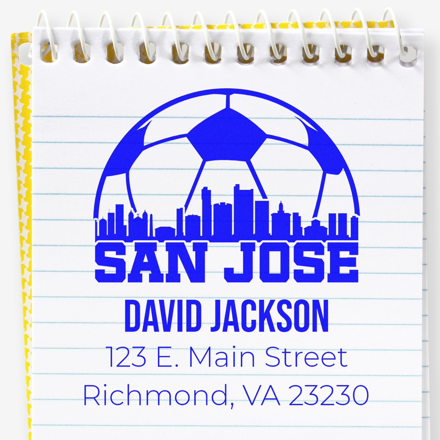 Personalized rubber address stamp for David Jackson with San Jose soccer skyline and Richmond, VA 23230.