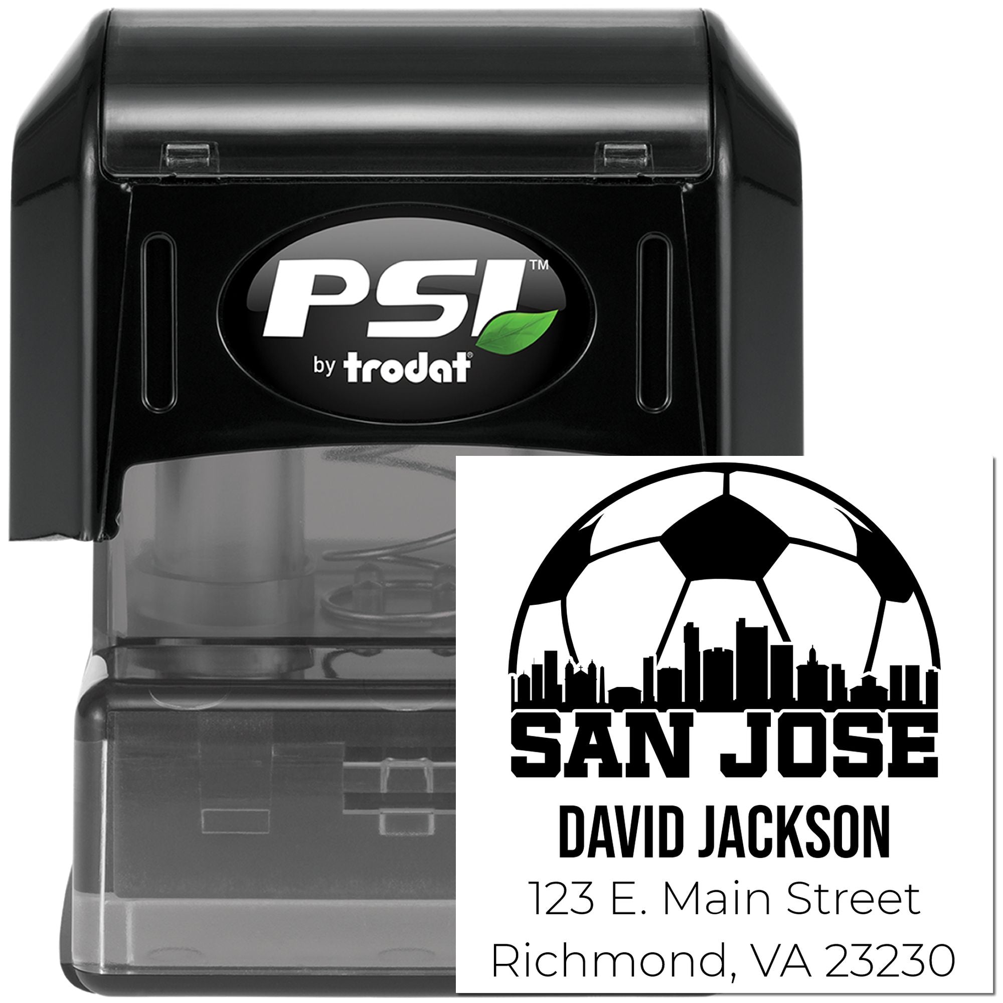 PSI by Trodat self-inking rubber stamp with custom San Jose return address and soccer skyline design