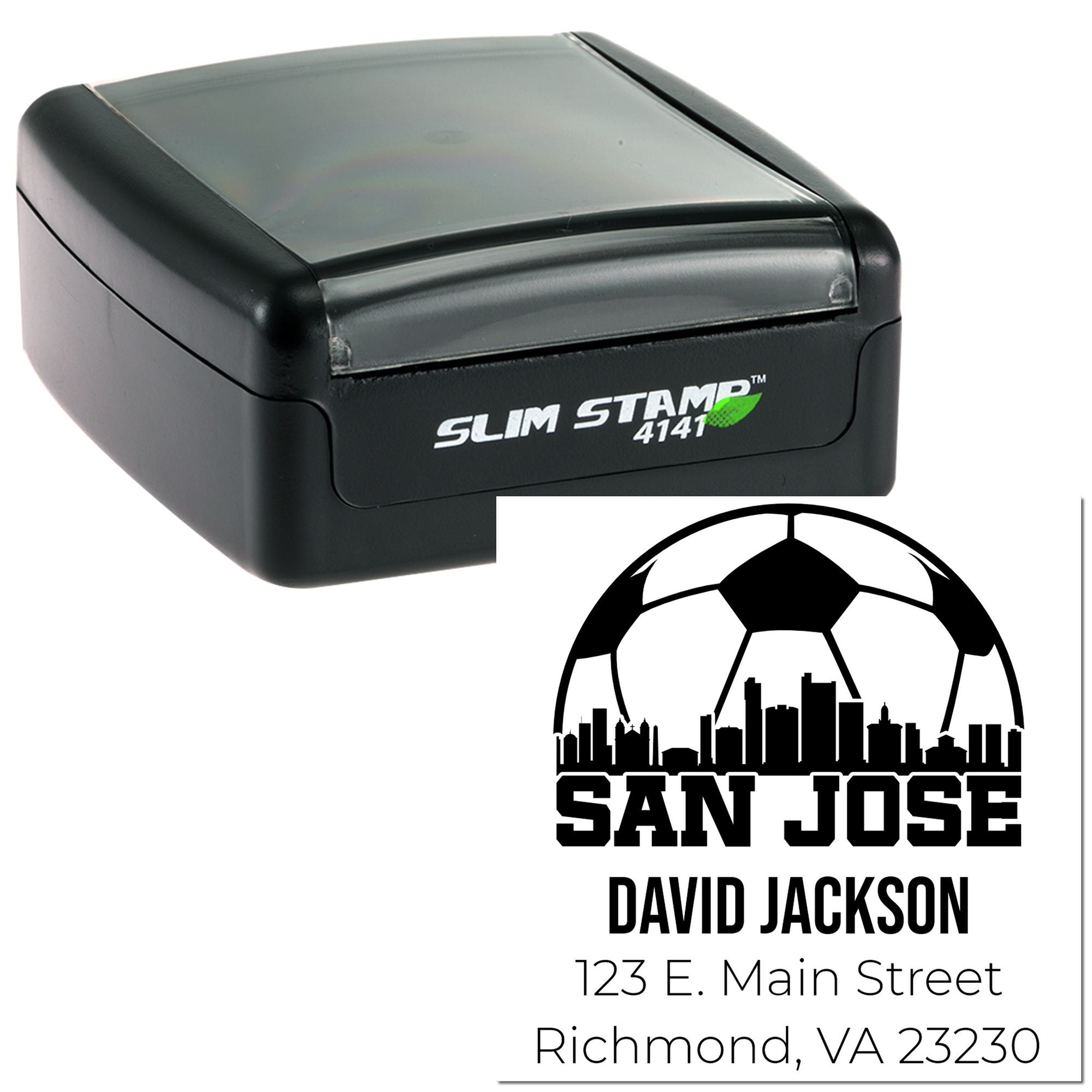 Custom self-inking rubber address stamp with soccer skyline design and personalized San Jose imprint for David Jackson.