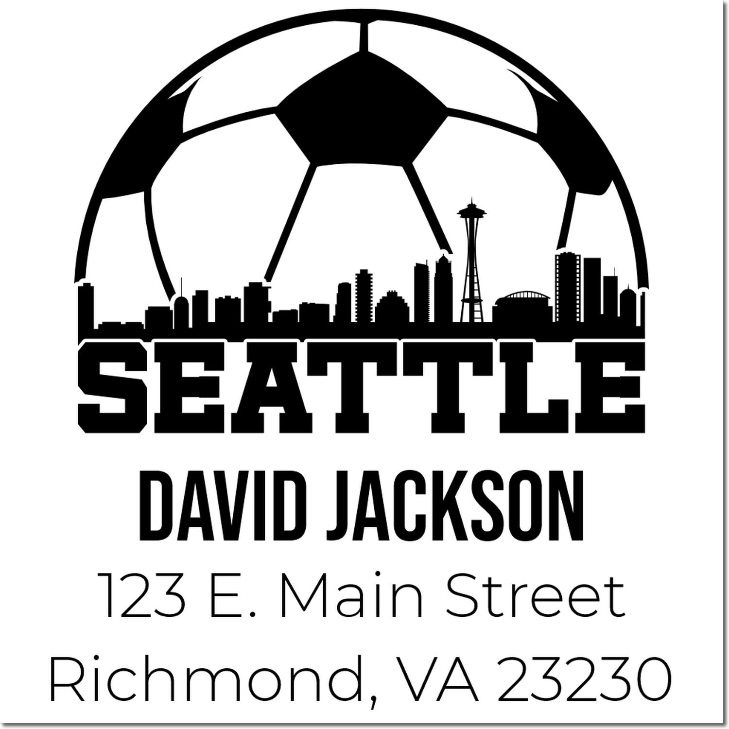 Custom Seattle rubber stamp with soccer ball skyline, David Jackson name, and Richmond, VA return address for mailing.