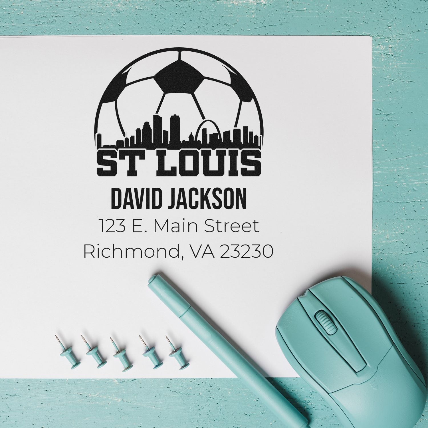 Personalized St. Louis soccer return address rubber stamp for David Jackson, with skyline logo and mailing address.