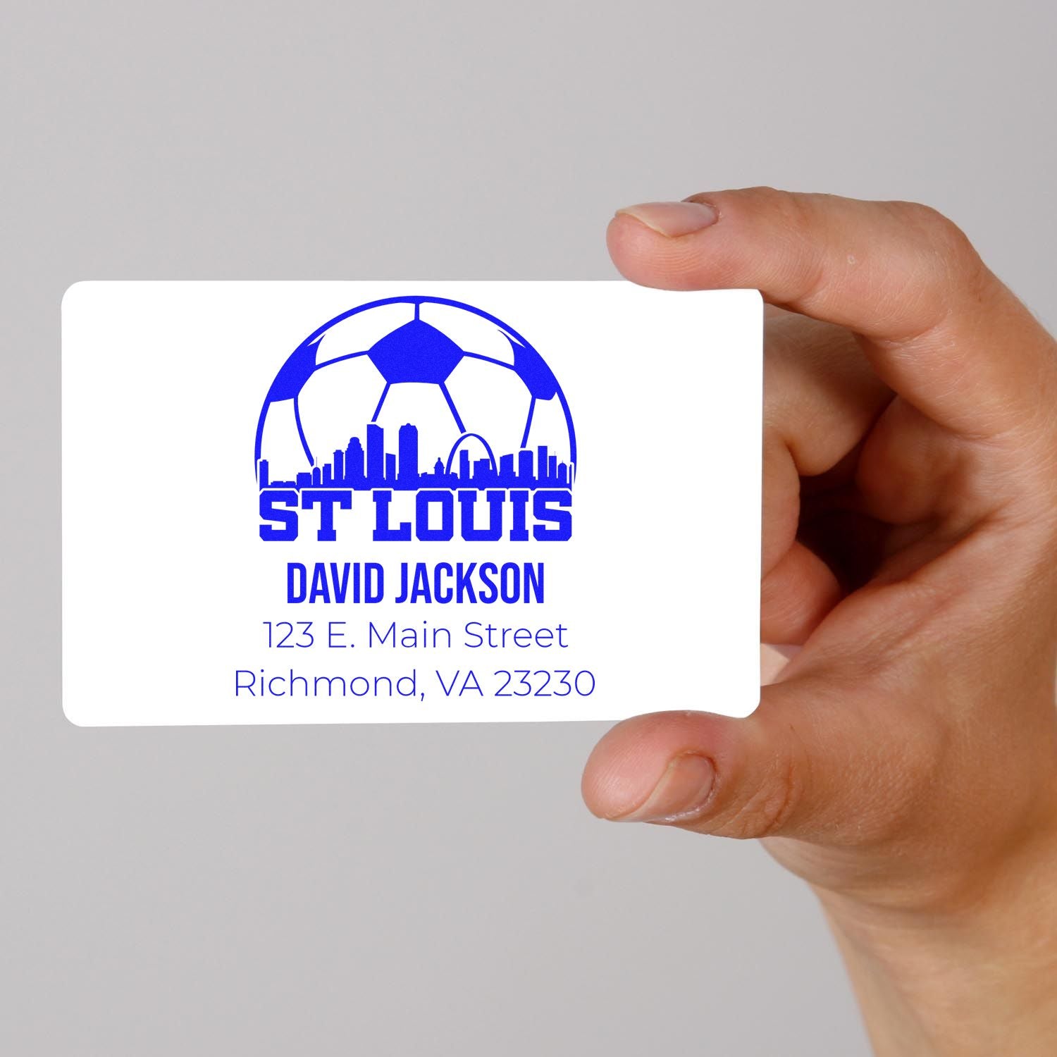 Custom St. Louis soccer logo rubber stamp with name and address, ideal for business branding and personalized mail.