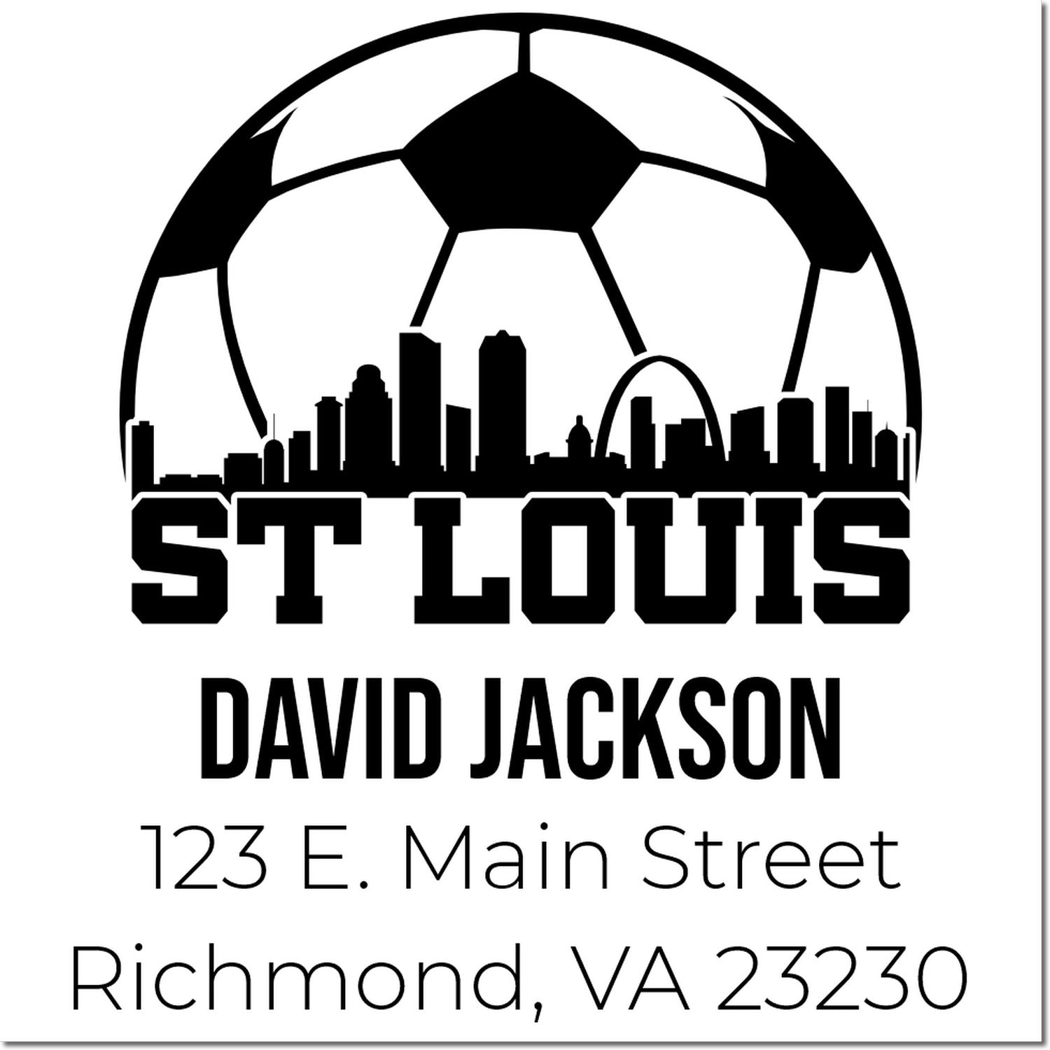 Custom St. Louis soccer rubber stamp with skyline, David Jackson name, and Richmond, VA return address.