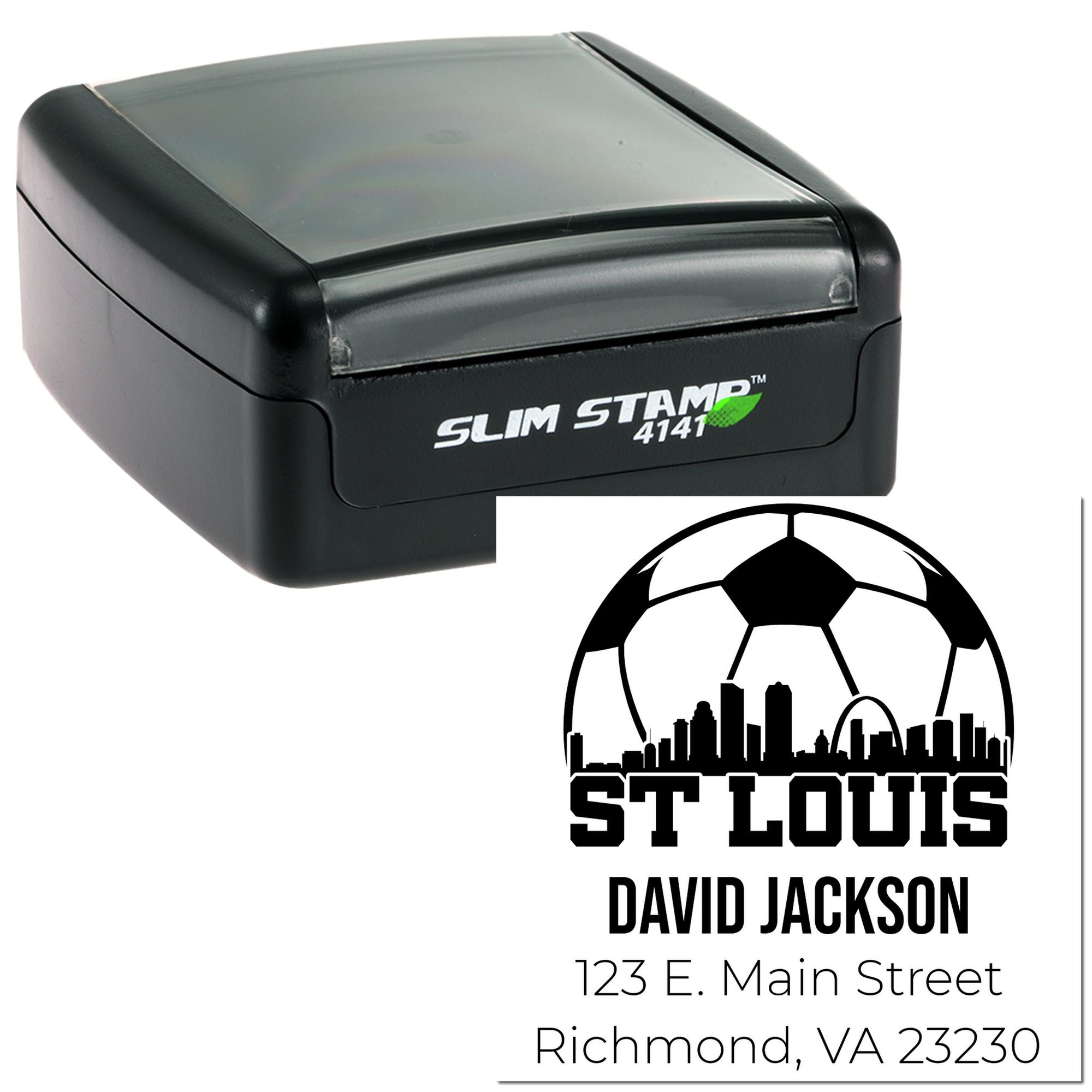 Custom self-inking return address stamp for St. Louis soccer fan, with personalized name and address.