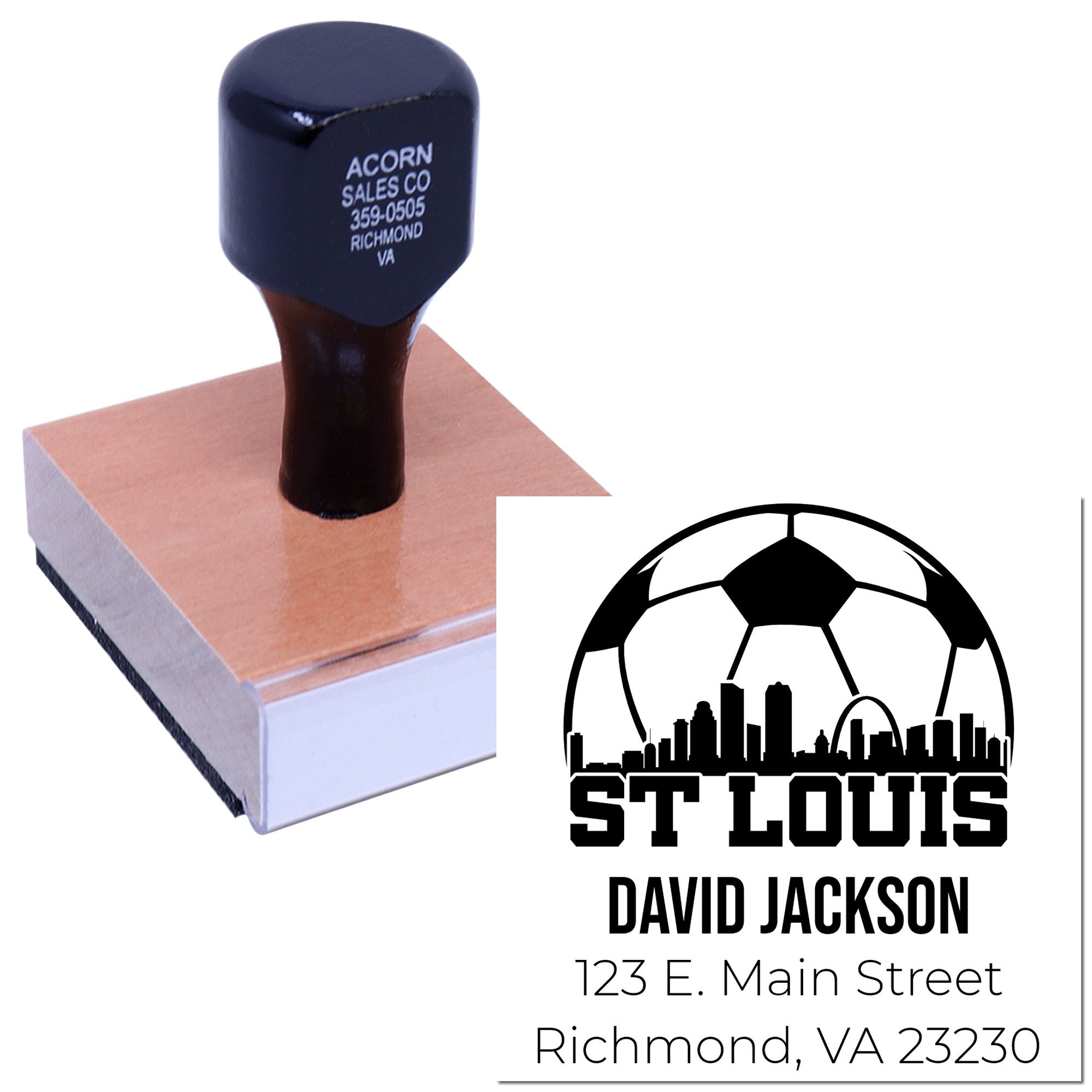 Custom soccer rubber stamp with St. Louis logo, David Jackson name, and address for personalized address stamping.