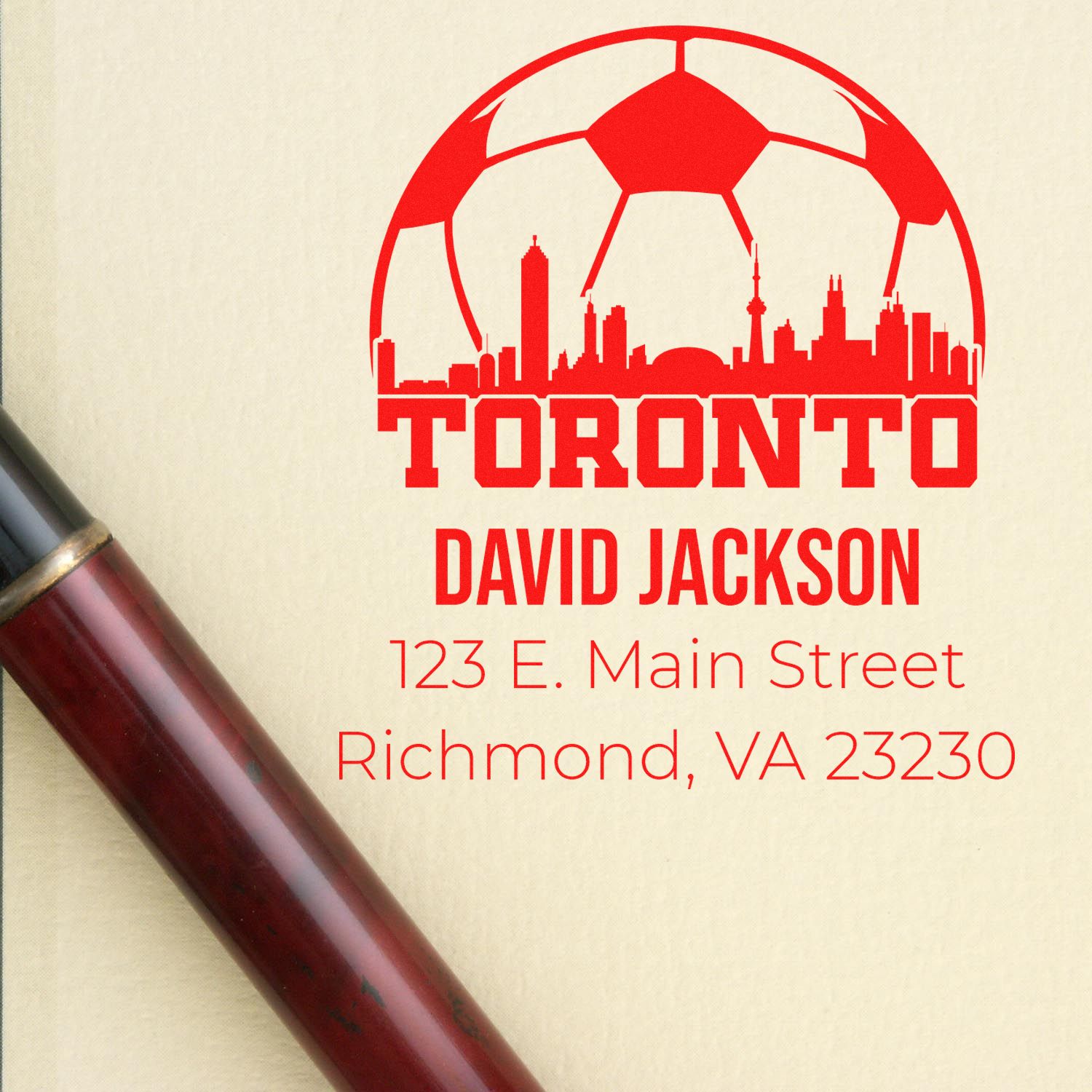 Custom Toronto rubber stamp for David Jackson, featuring skyline soccer design and Richmond, VA address.