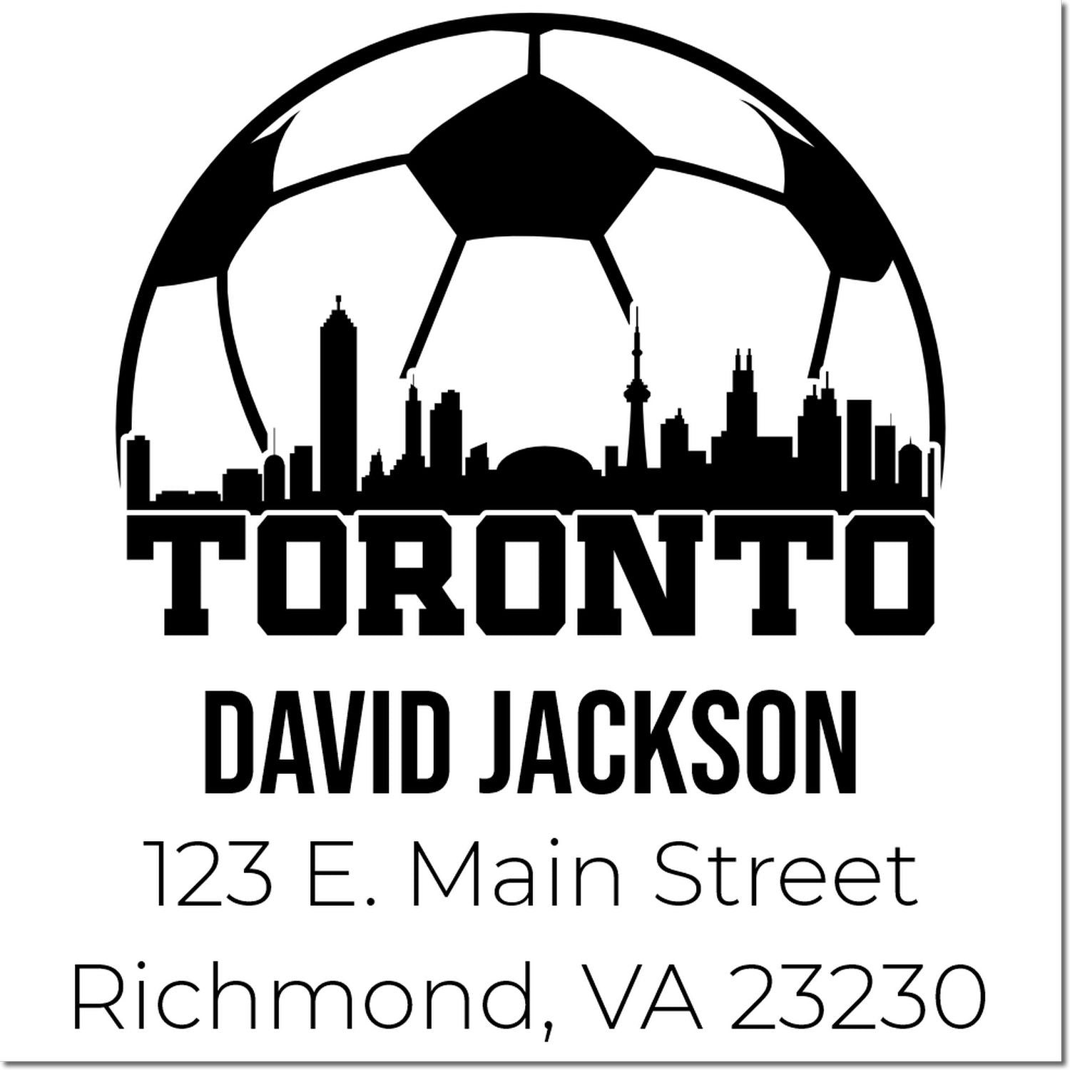 Custom Toronto soccer rubber stamp with skyline logo, David Jackson, 123 E. Main Street, Richmond, VA 23230