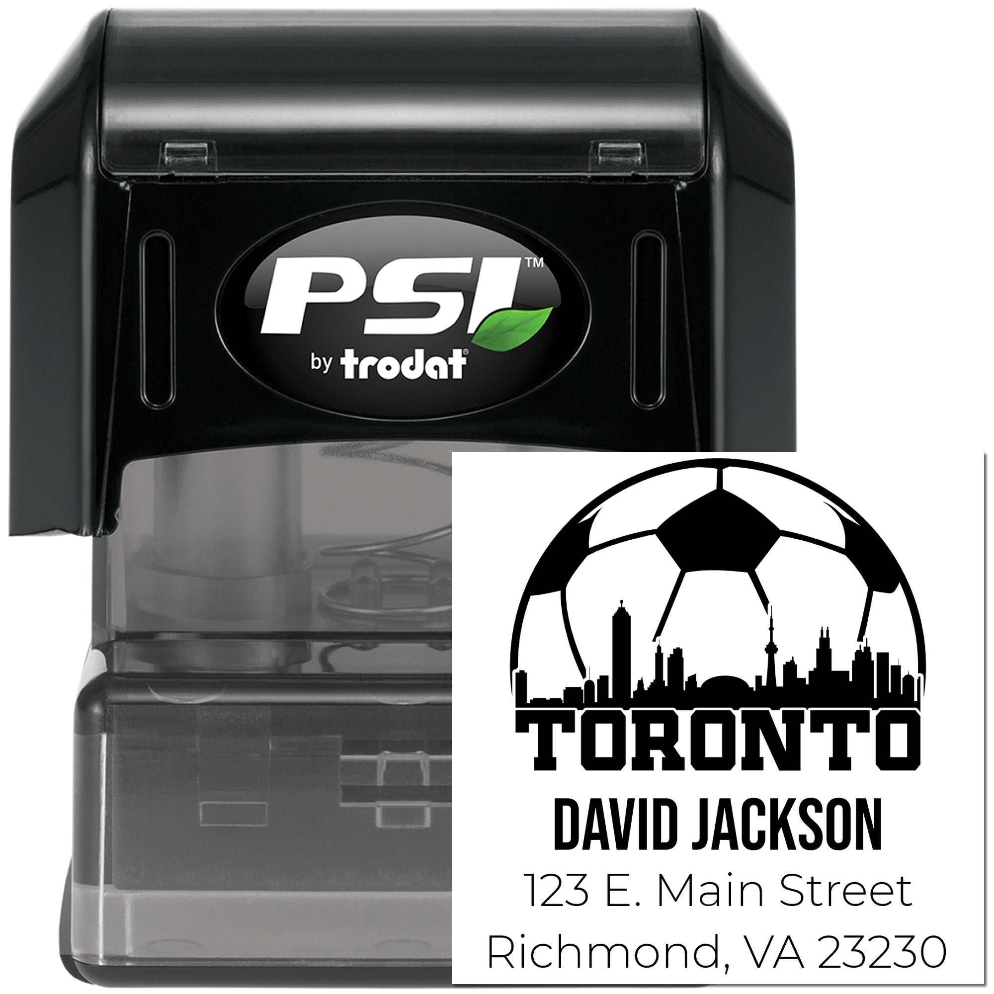 Custom self-inking rubber stamp with Toronto soccer skyline design, David Jackson name, and Richmond, VA address.