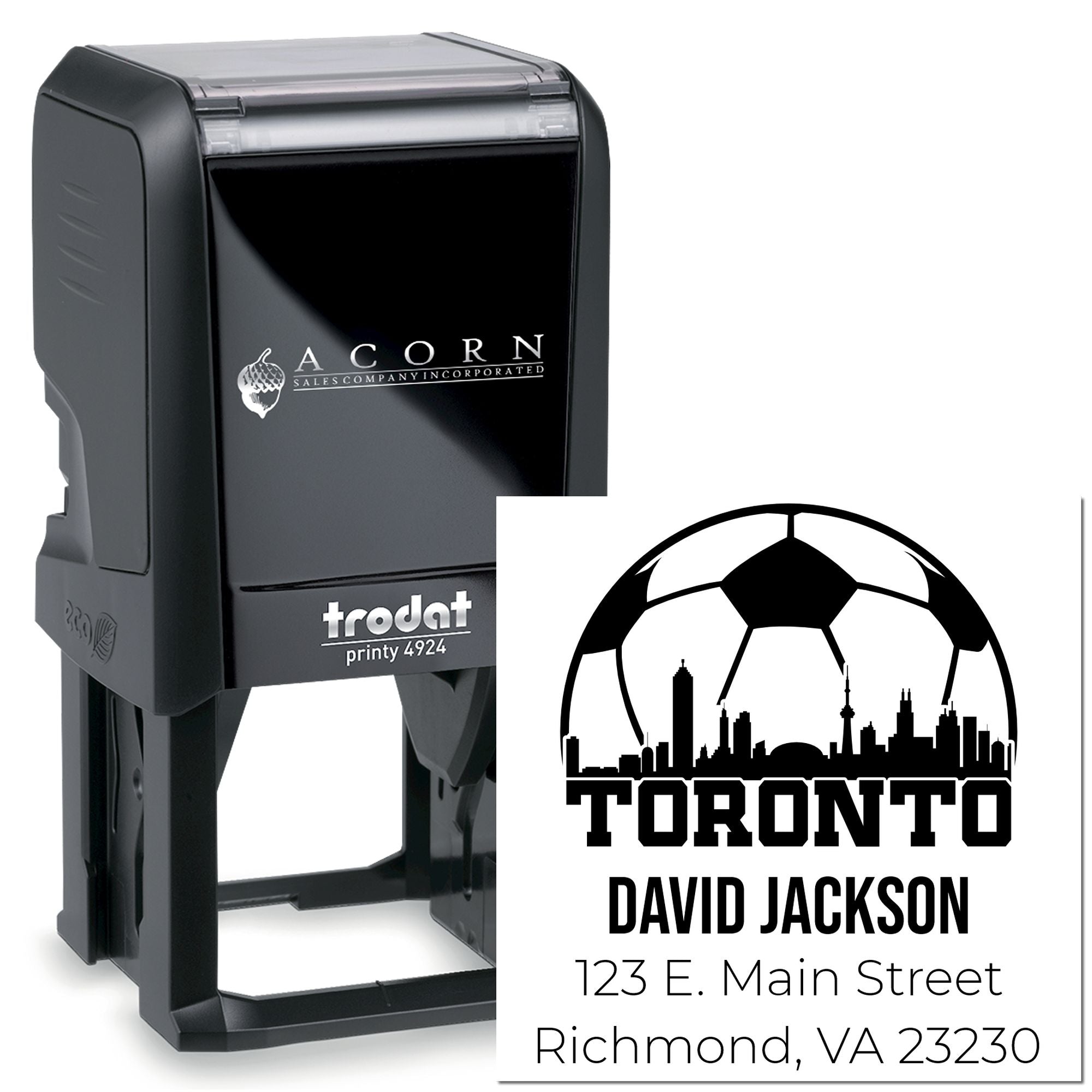 Trodat Printy custom self-inking rubber stamp with Toronto skyline and return address for business mail.
