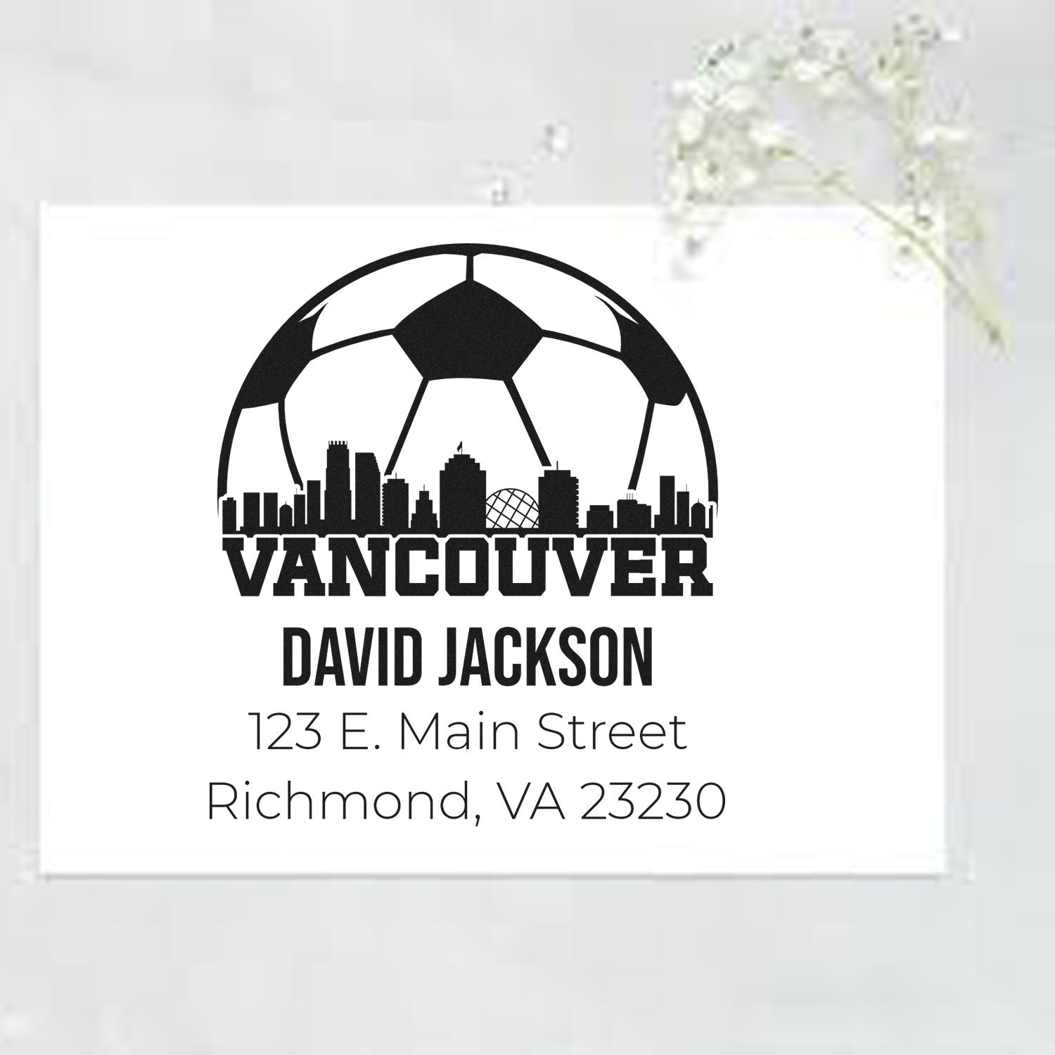Custom Vancouver soccer return address rubber stamp for David Jackson, Richmond VA 23230