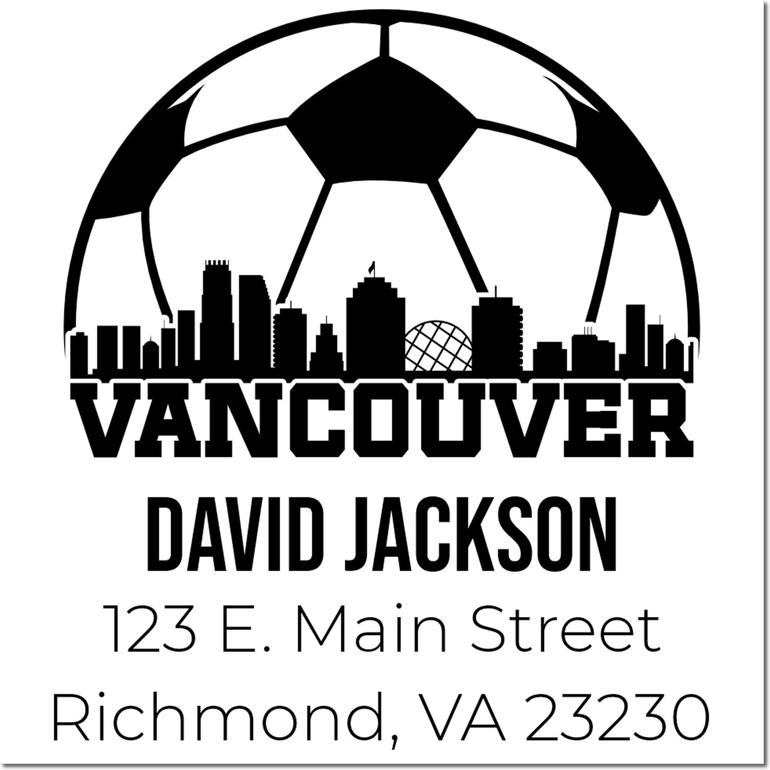 Custom return address rubber stamp with Vancouver skyline and soccer ball, personalized for David Jackson, Richmond, VA 23230.