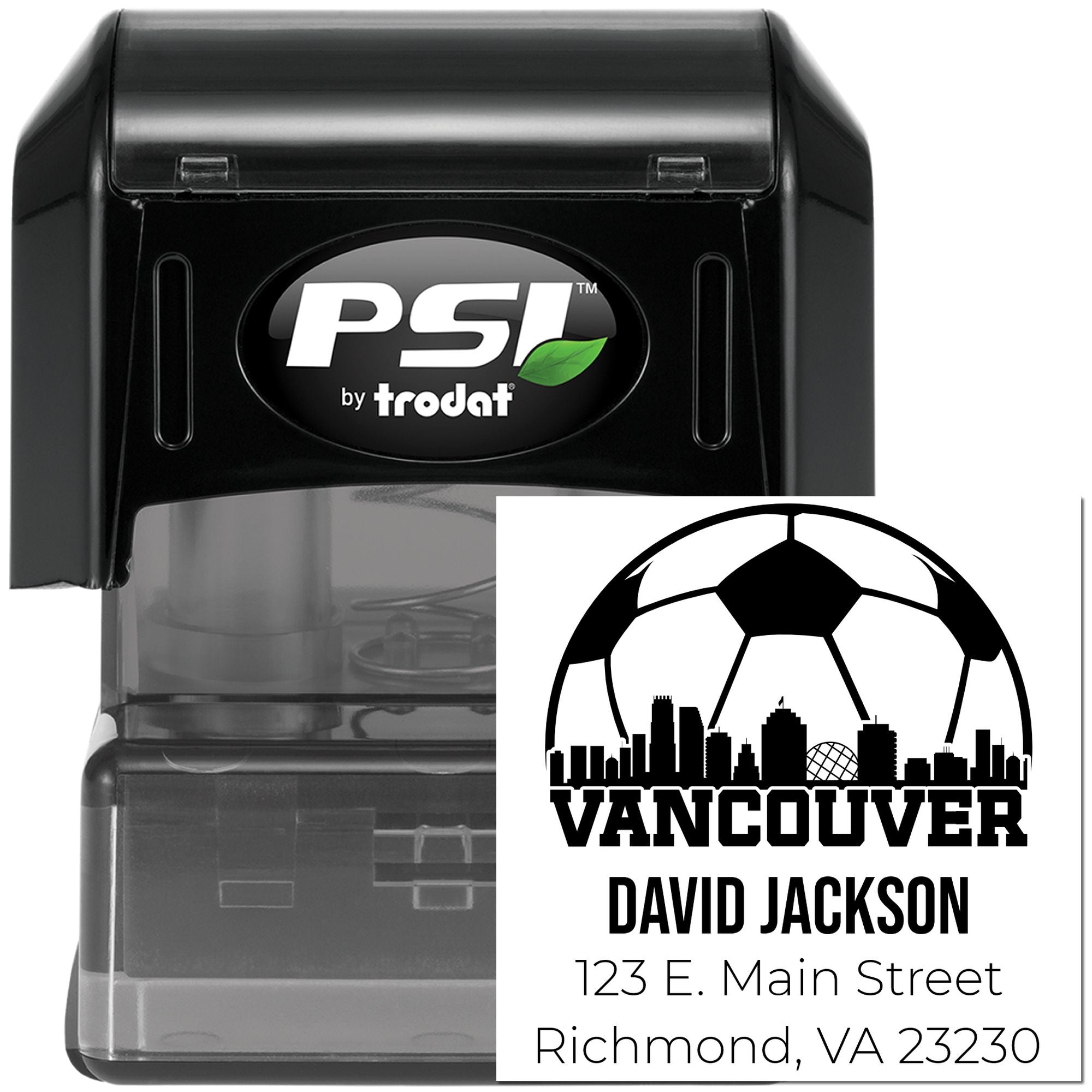 Personalized self-inking rubber stamp by PSI Trodat featuring Vancouver skyline, David Jackson, and address.