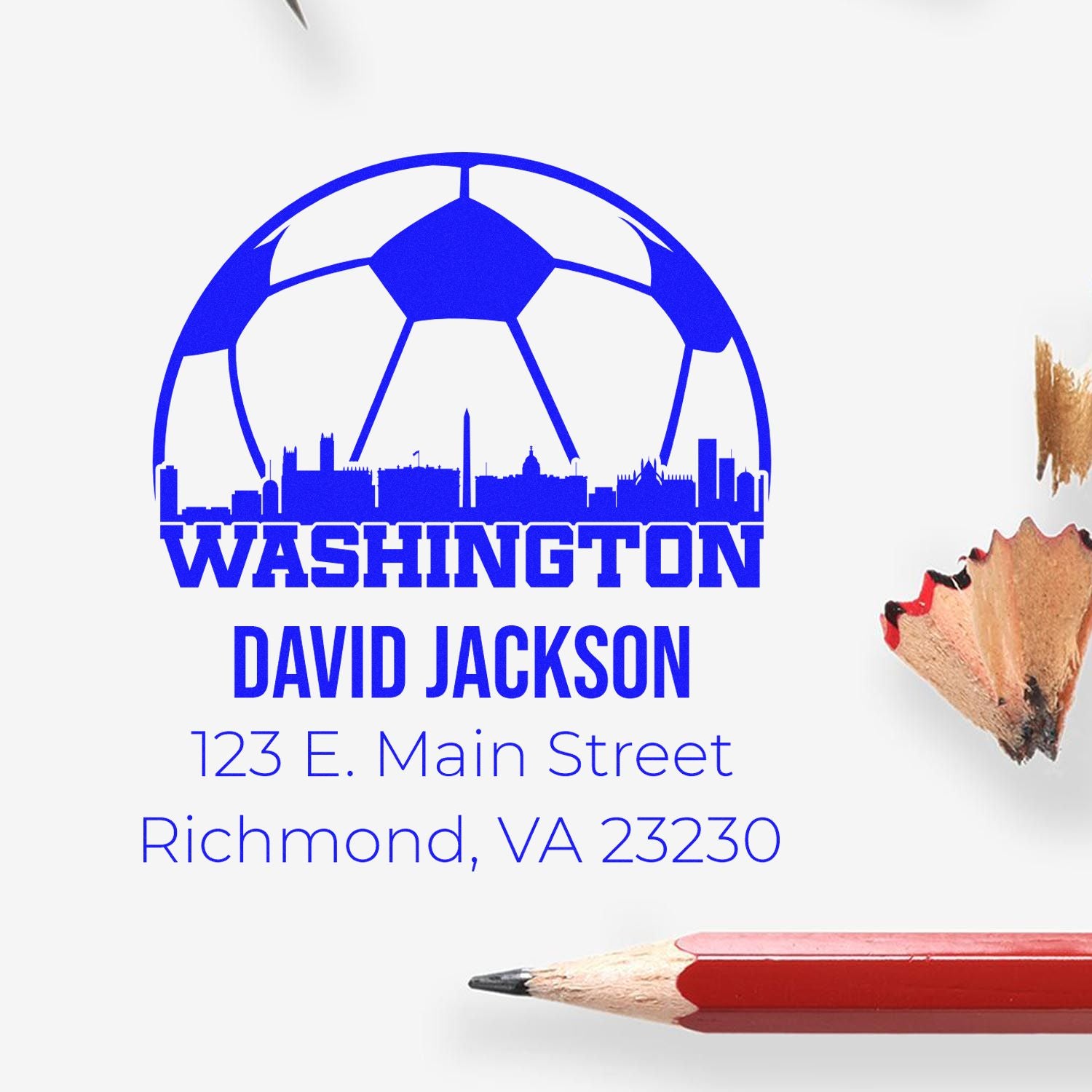 Custom rubber return address stamp with soccer ball, skyline, and Washington David Jackson, Richmond, VA.