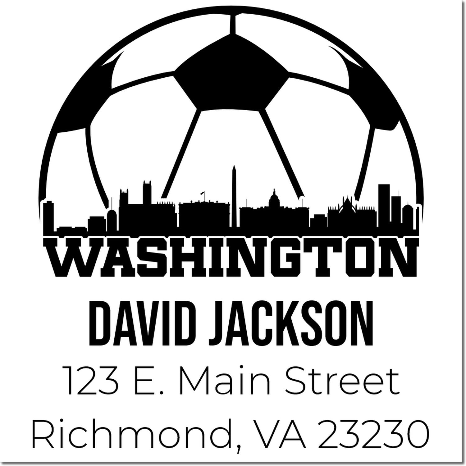 Custom rubber stamp with soccer ball and Washington skyline, personalized address for David Jackson, Richmond, VA 23230