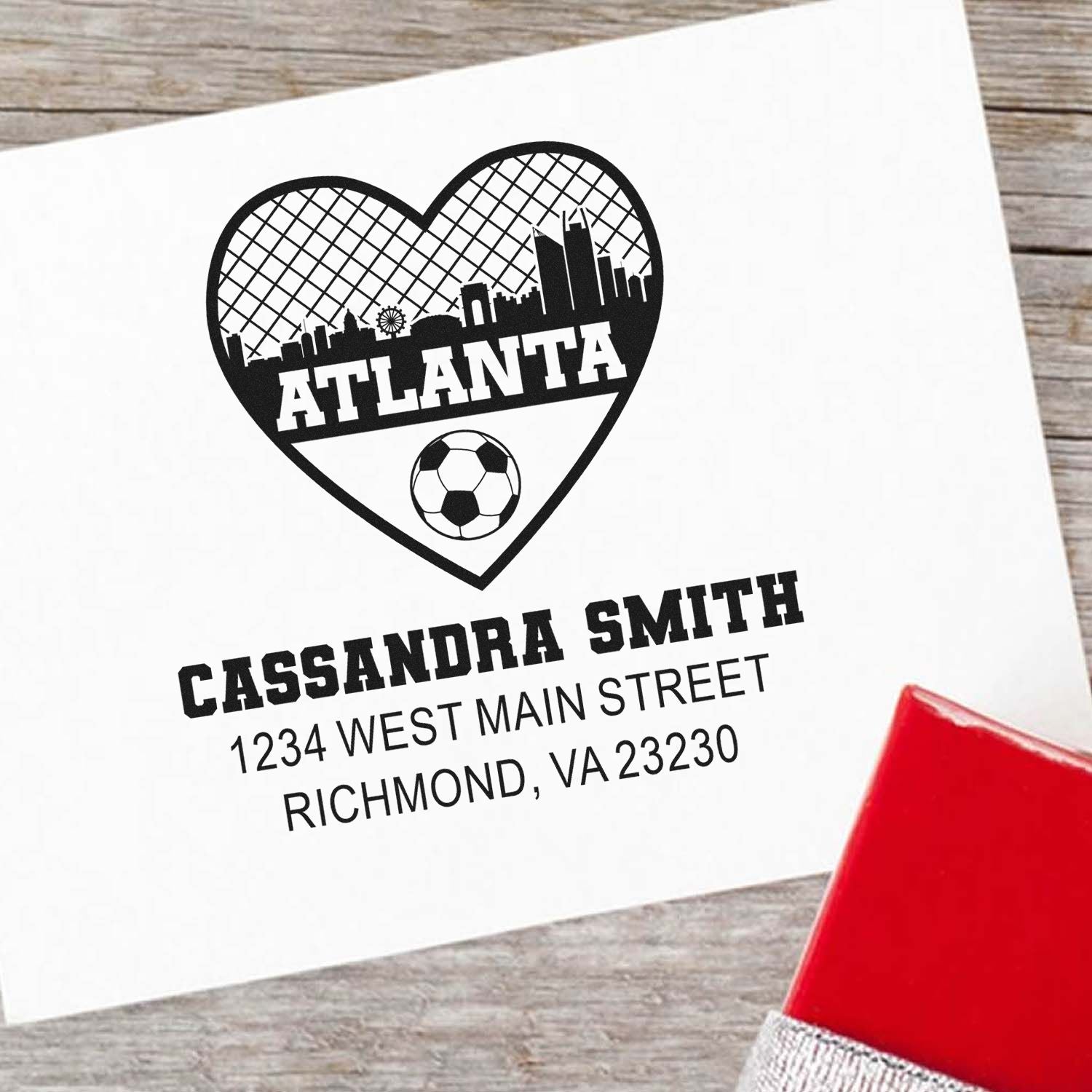 Personalized Atlanta soccer heart address rubber stamp with name and Richmond, VA return address.