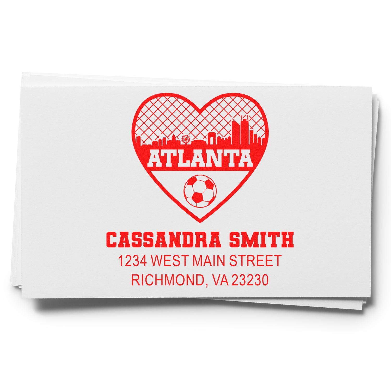Custom Atlanta heart soccer return address rubber stamp with skyline, name, and address for personalized stationery.