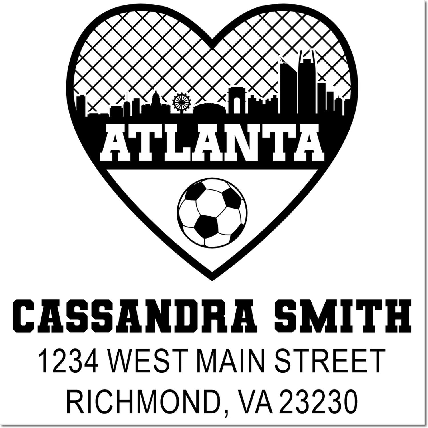 Personalized Atlanta soccer rubber stamp with heart skyline, Cassandra Smith, and Richmond, VA address.