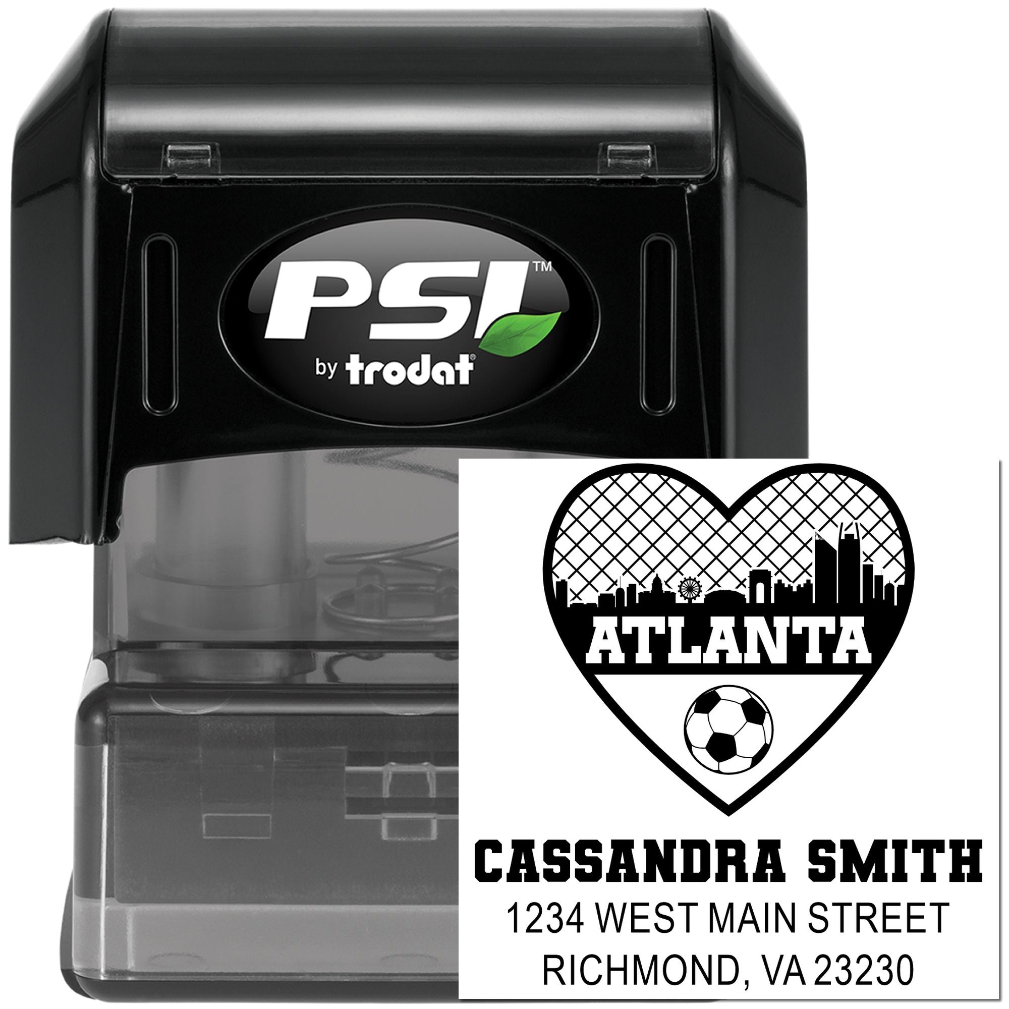 PSI by Trodat self-inking custom address stamp with Atlanta heart design, name, street address, and ZIP code