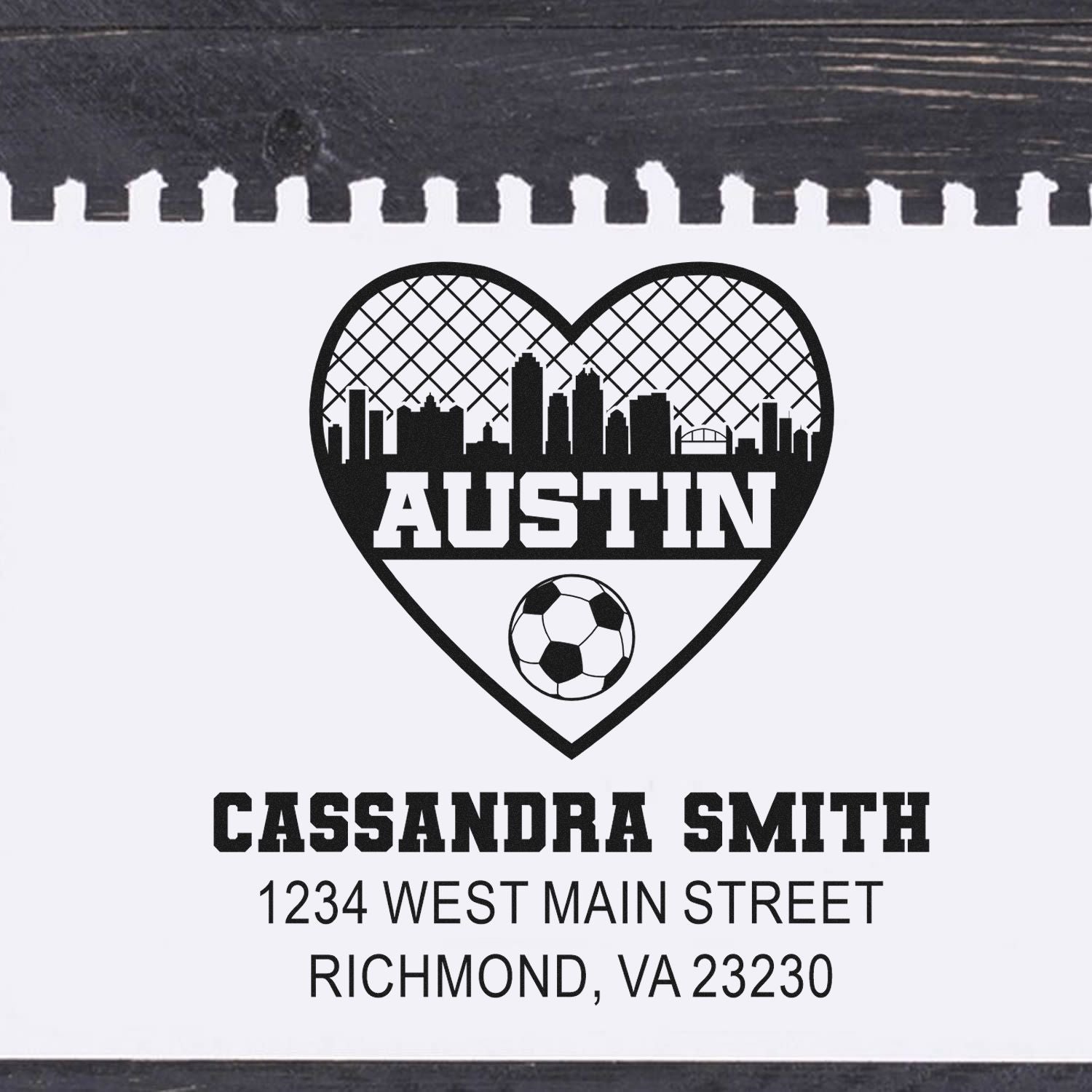 Custom address rubber stamp design with Austin heart skyline, soccer ball, and Cassandra Smith, Richmond, VA.