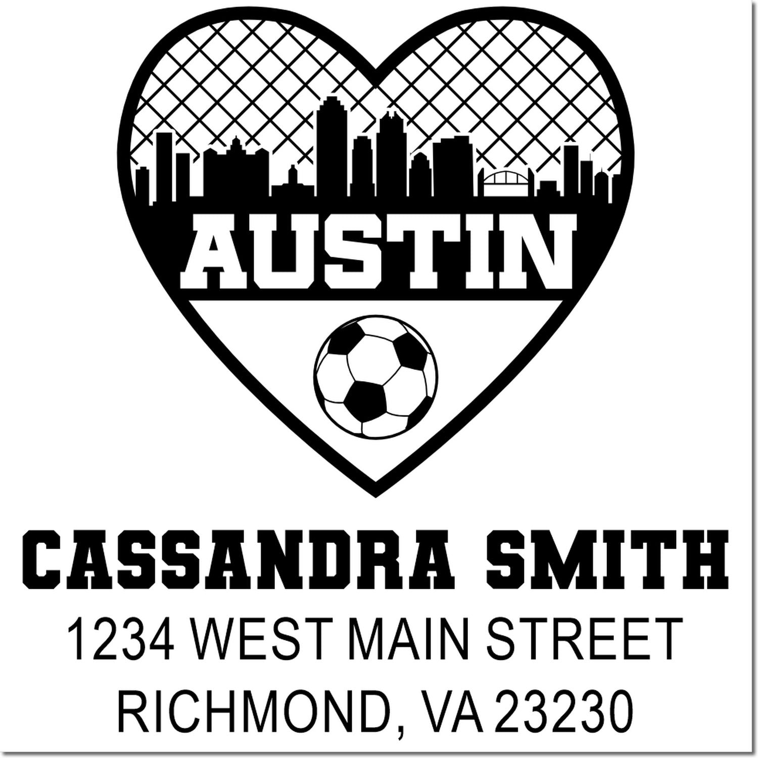 Personalized return address rubber stamp with Austin skyline heart, soccer ball, and Cassandra Smith address.