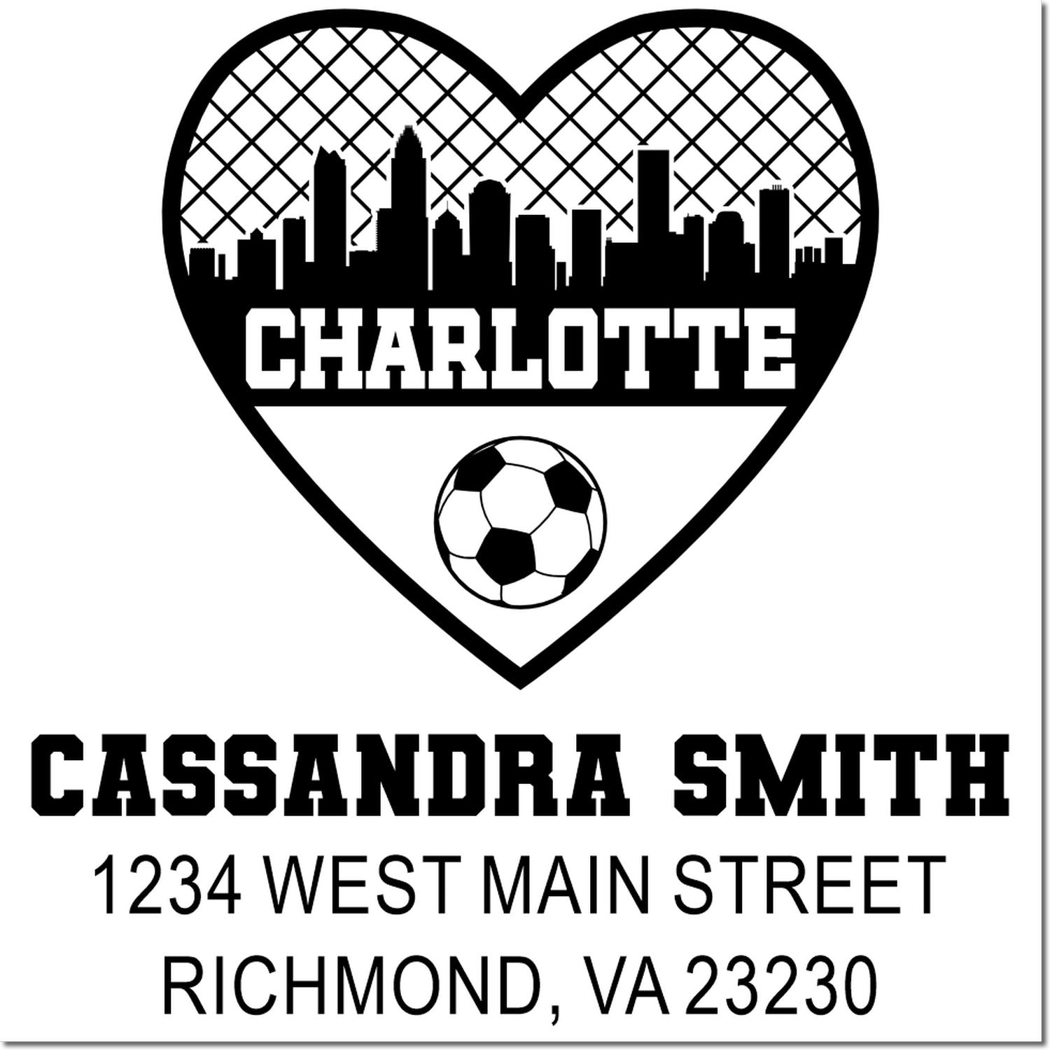 Custom rubber stamp with Charlotte skyline heart logo, soccer ball, and return address for Cassandra Smith, 1234 West Main Street, Richmond, VA 23230