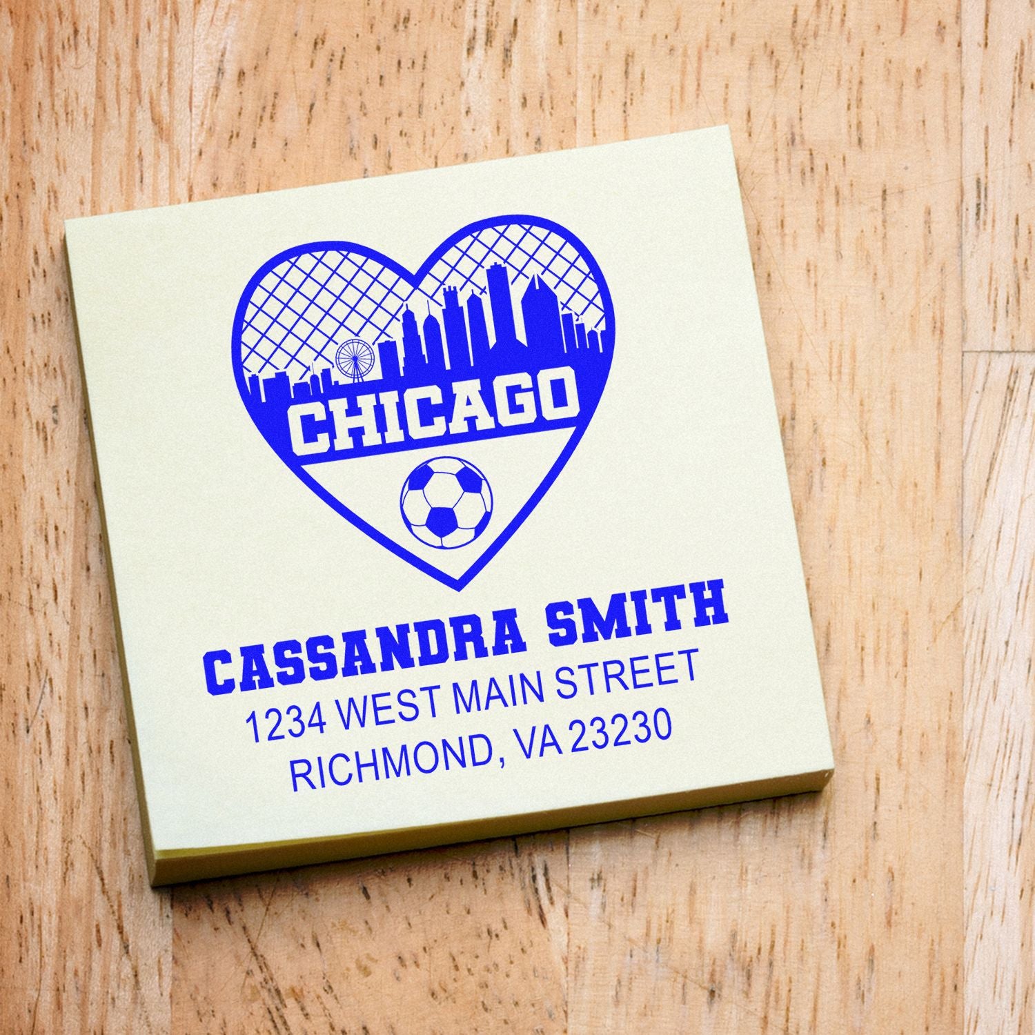 Personalized Chicago rubber stamp with skyline heart, soccer ball, and Cassandra Smith address.