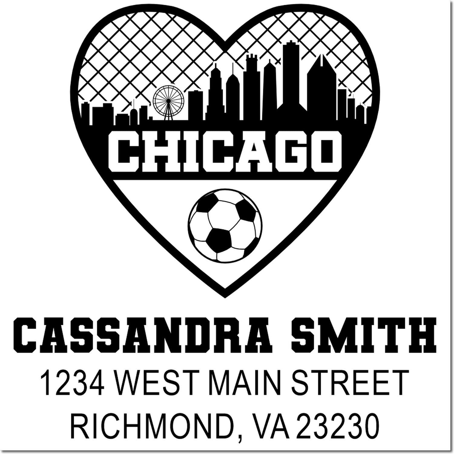 Custom return address rubber stamp with Chicago skyline heart, soccer ball, and Cassandra Smith address details.