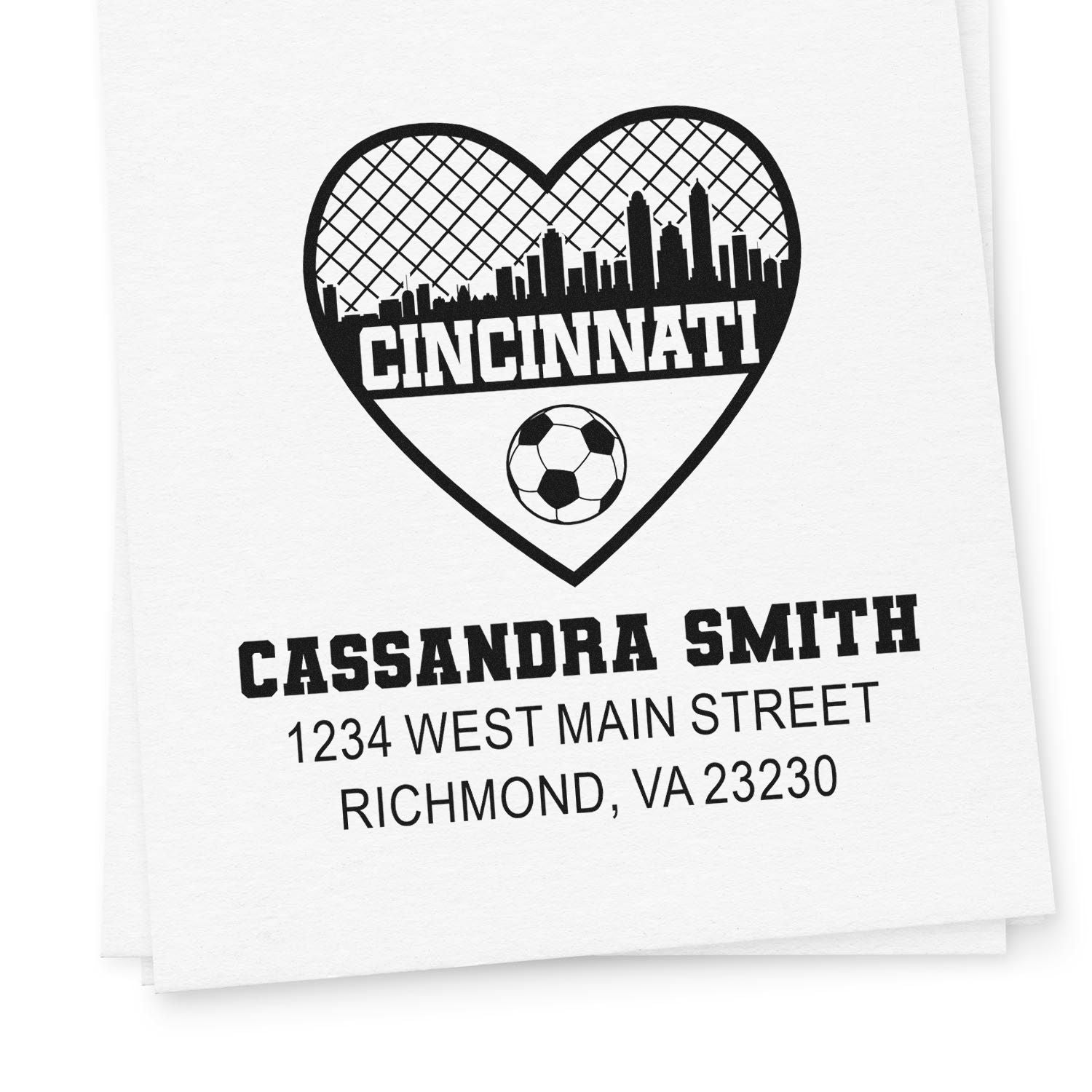 Custom rubber stamp with Cincinnati skyline heart, soccer ball, personalized name, and address for business or sports use.