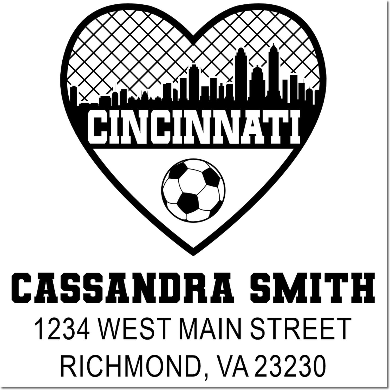 Custom Cincinnati soccer rubber stamp with skyline heart, name Cassandra Smith, and Richmond, VA address.