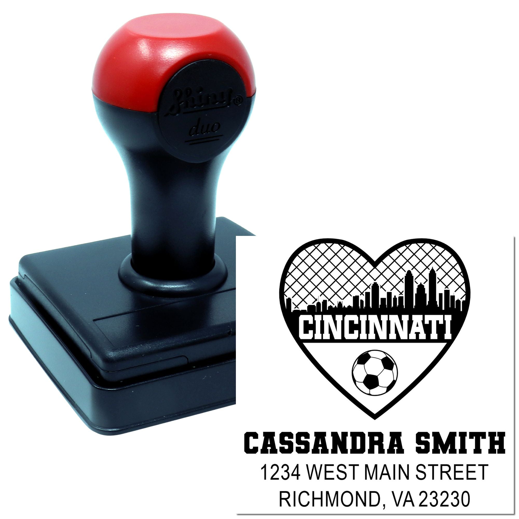 Custom self-inking rubber stamp with Cincinnati soccer heart logo, name, and address for personalized branding.